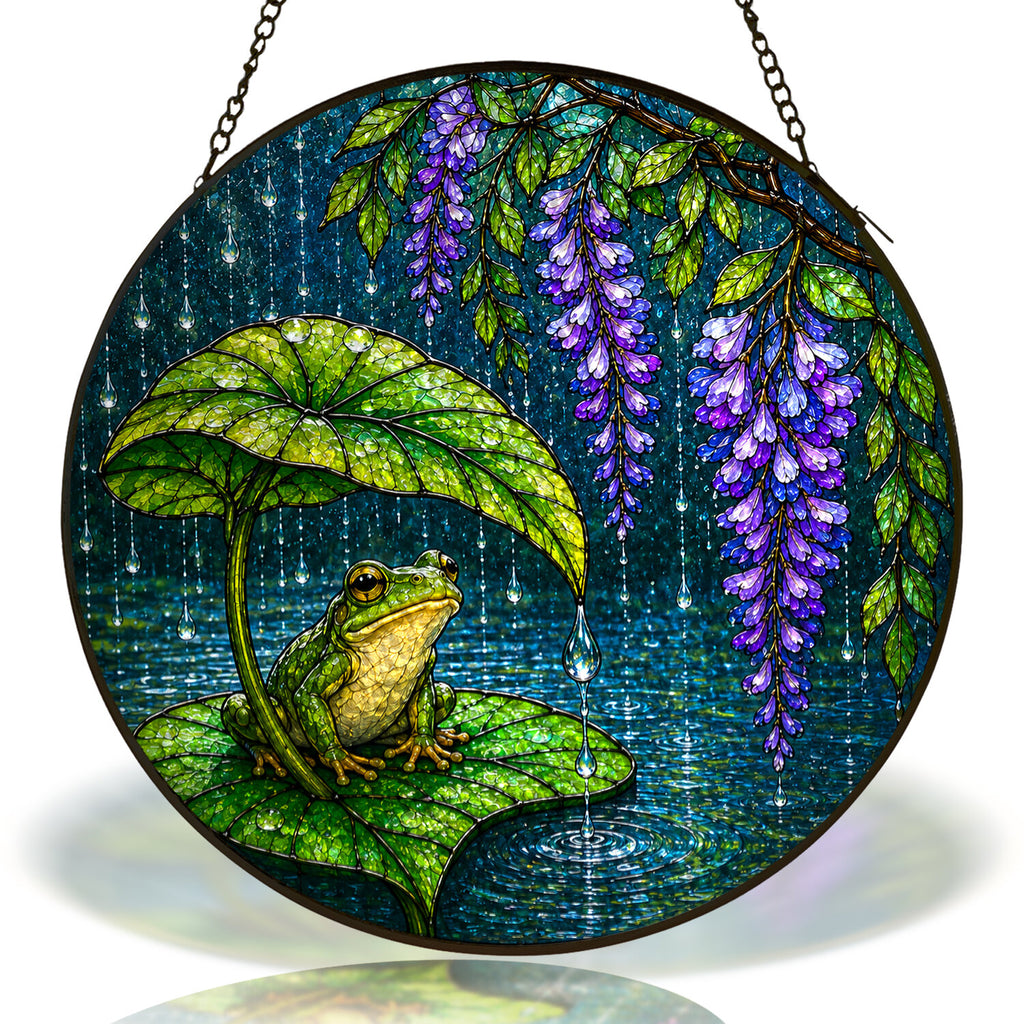 Frog & Wisteria Leaf Umbrella Stained Glass Suncatcher