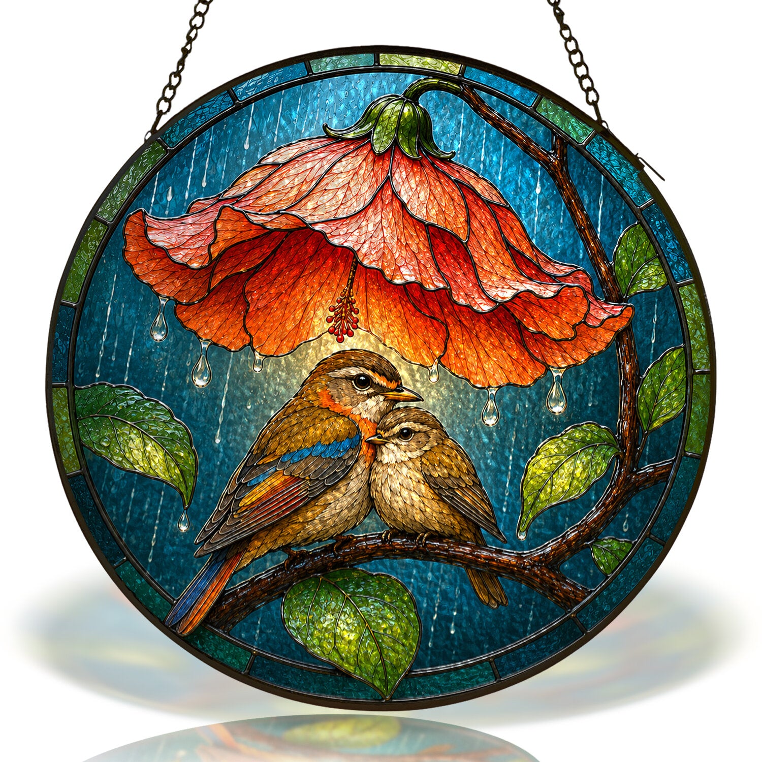 Lovebirds Flower Umbrella Stained Glass Suncatcher