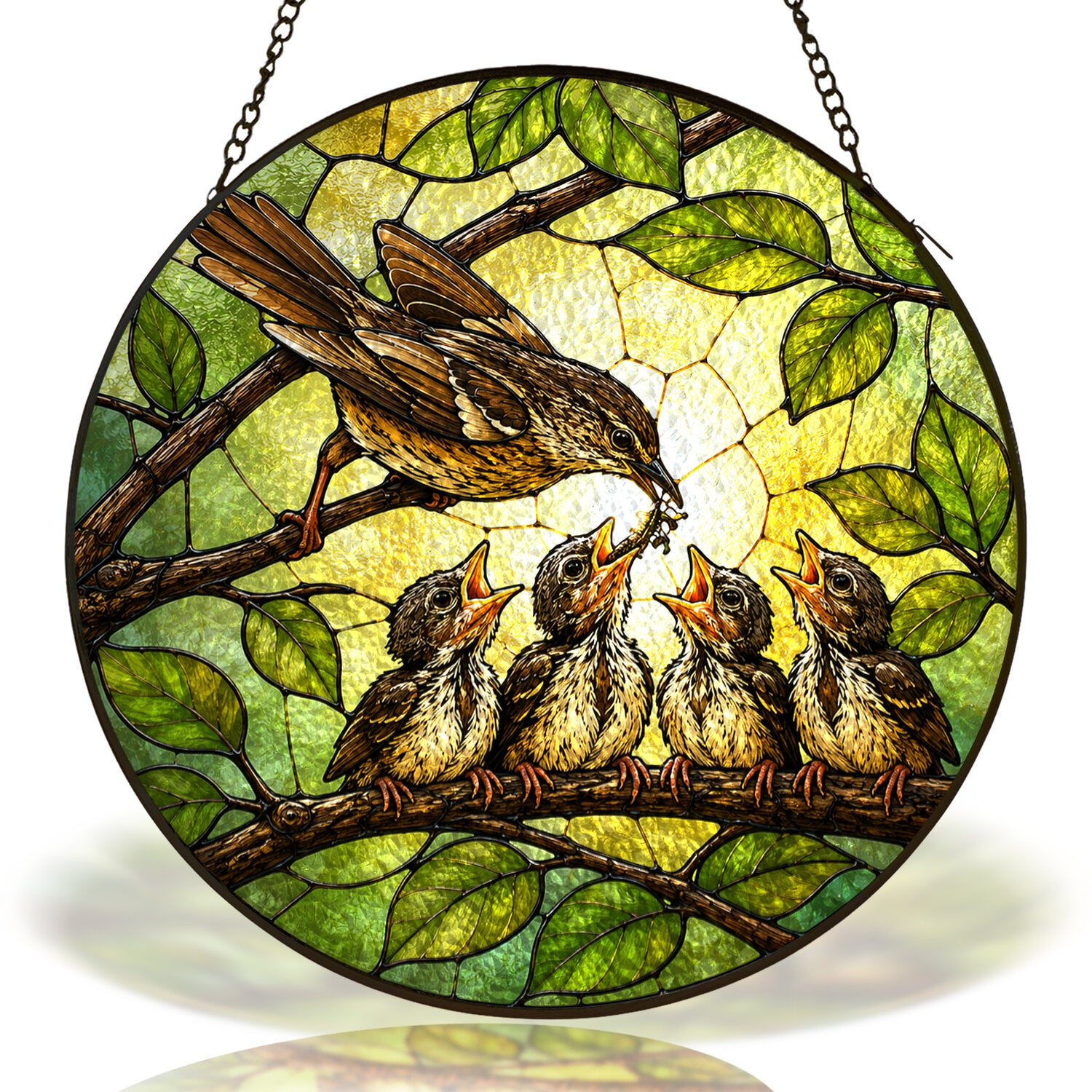 Mother Bird Feeding Chicks Stained Glass Suncatcher