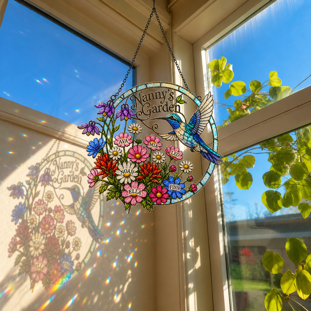 Personalized Nanny's Garden Hummingbird Holographic Acrylic Suncatcher