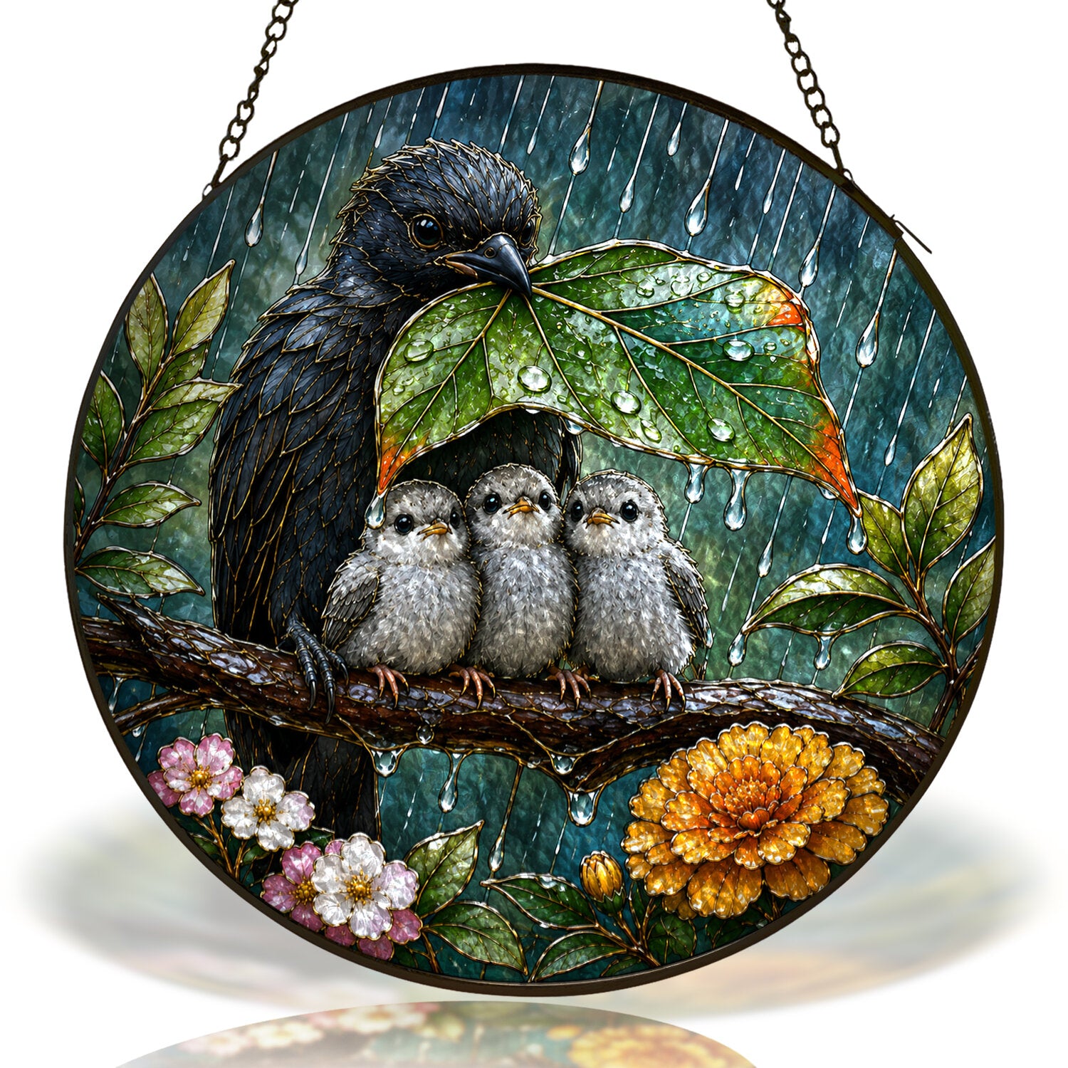 Sheltering Bird Family Stained Glass Suncatcher