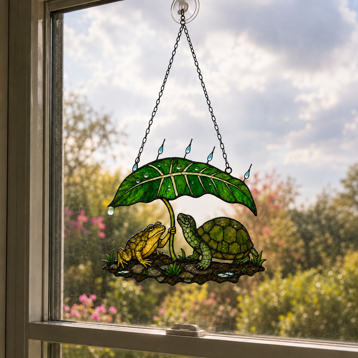 Frog Couple Under a Leaf Umbrella by the Pond Holographic Acrylic Suncatcher