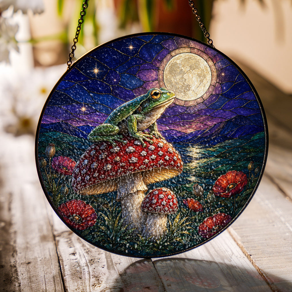 Frog on Mushroom Moonlit Stained Glass Suncatcher