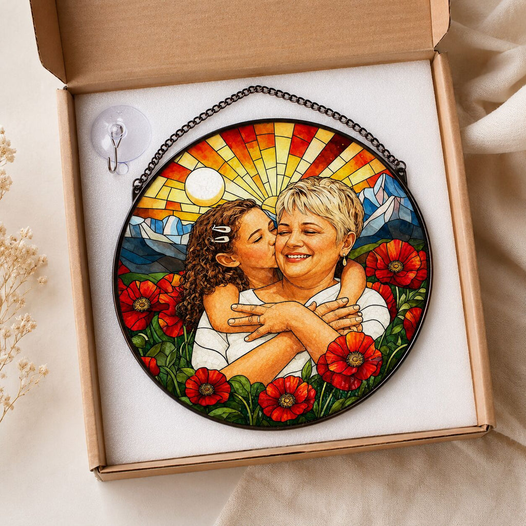 Personalized Poppy Sunrise Photo Stained Glass Suncatcher
