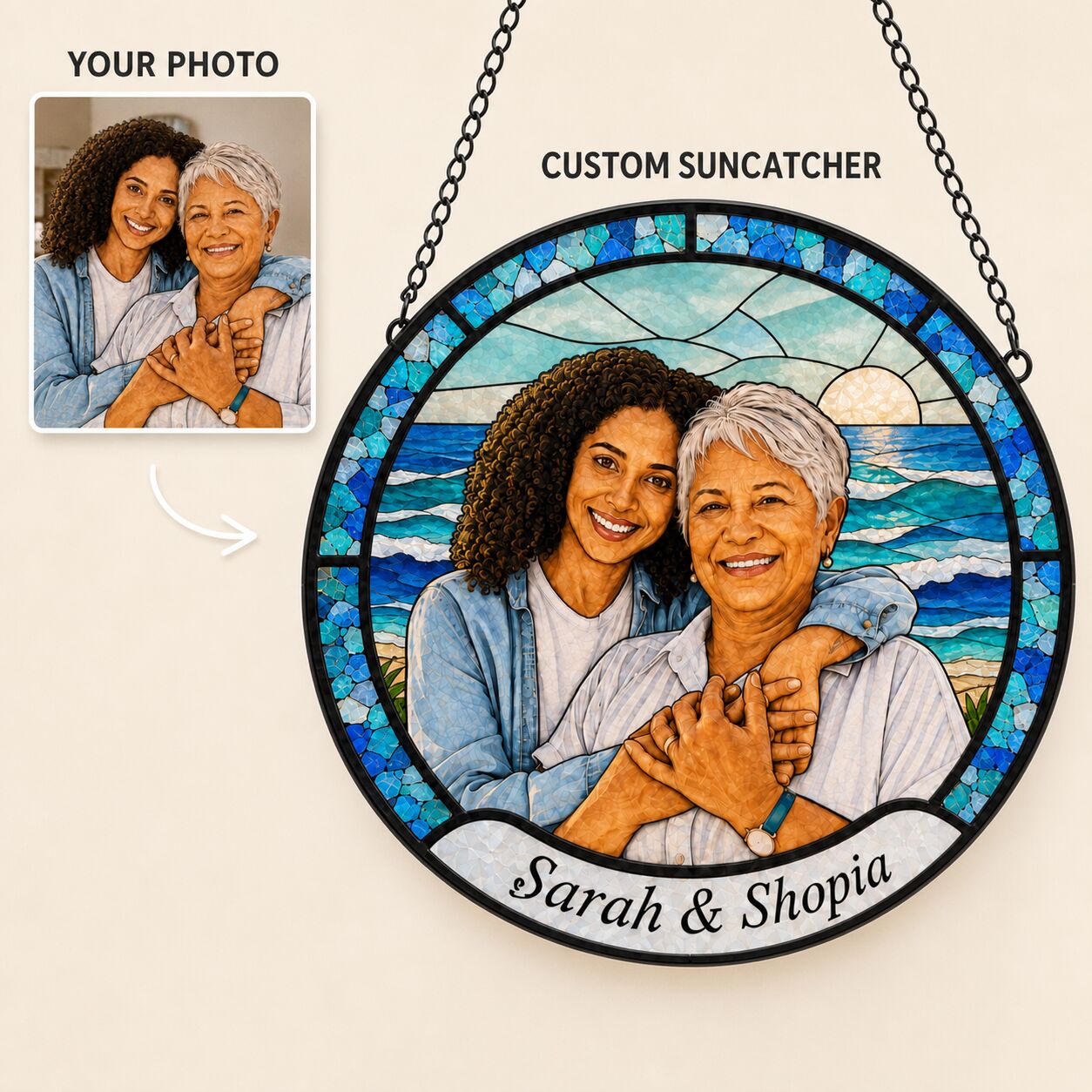 Personalized Ocean Photo Stained Glass Suncatcher