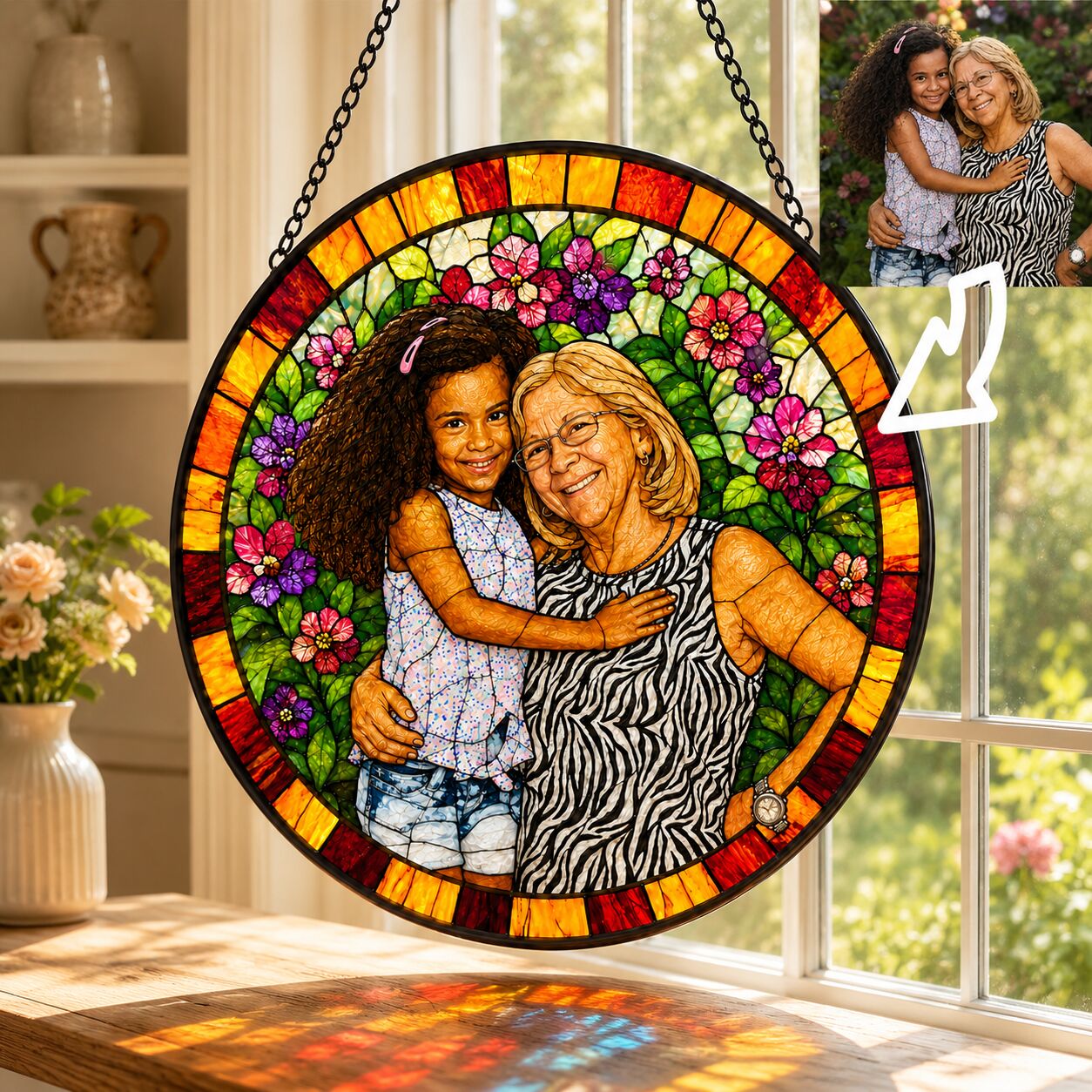 Personalized Floral Mosaic Photo Stained Glass Suncatcher