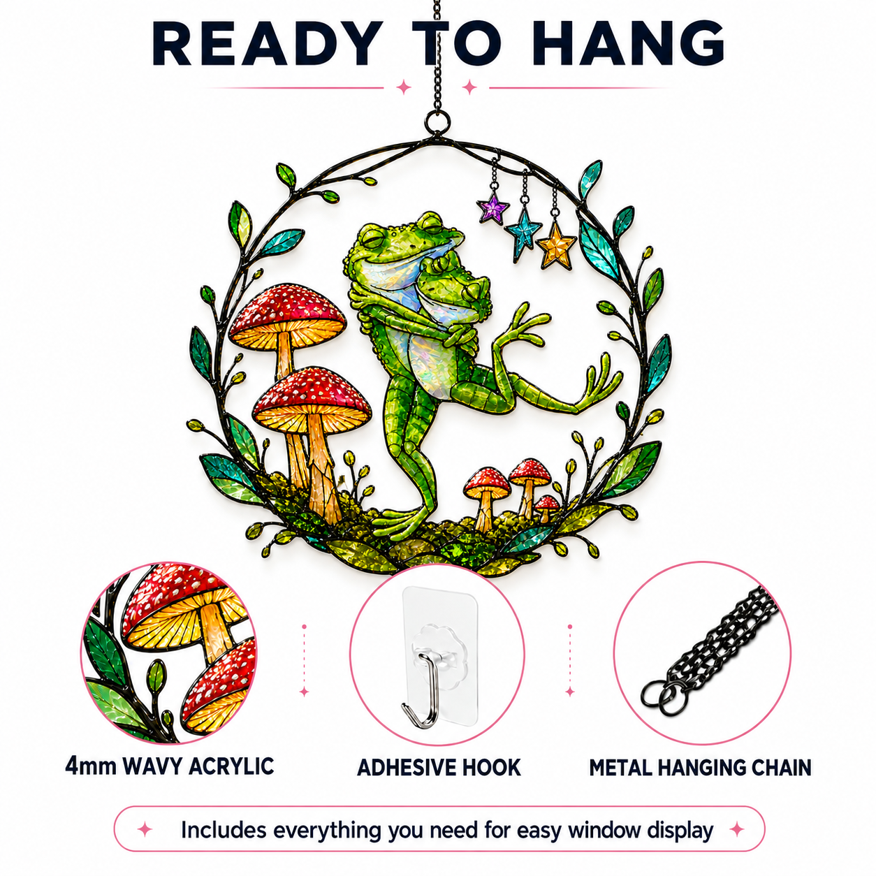 Dancing Frog Couple with Mushrooms Holographic Acrylic Suncatcher