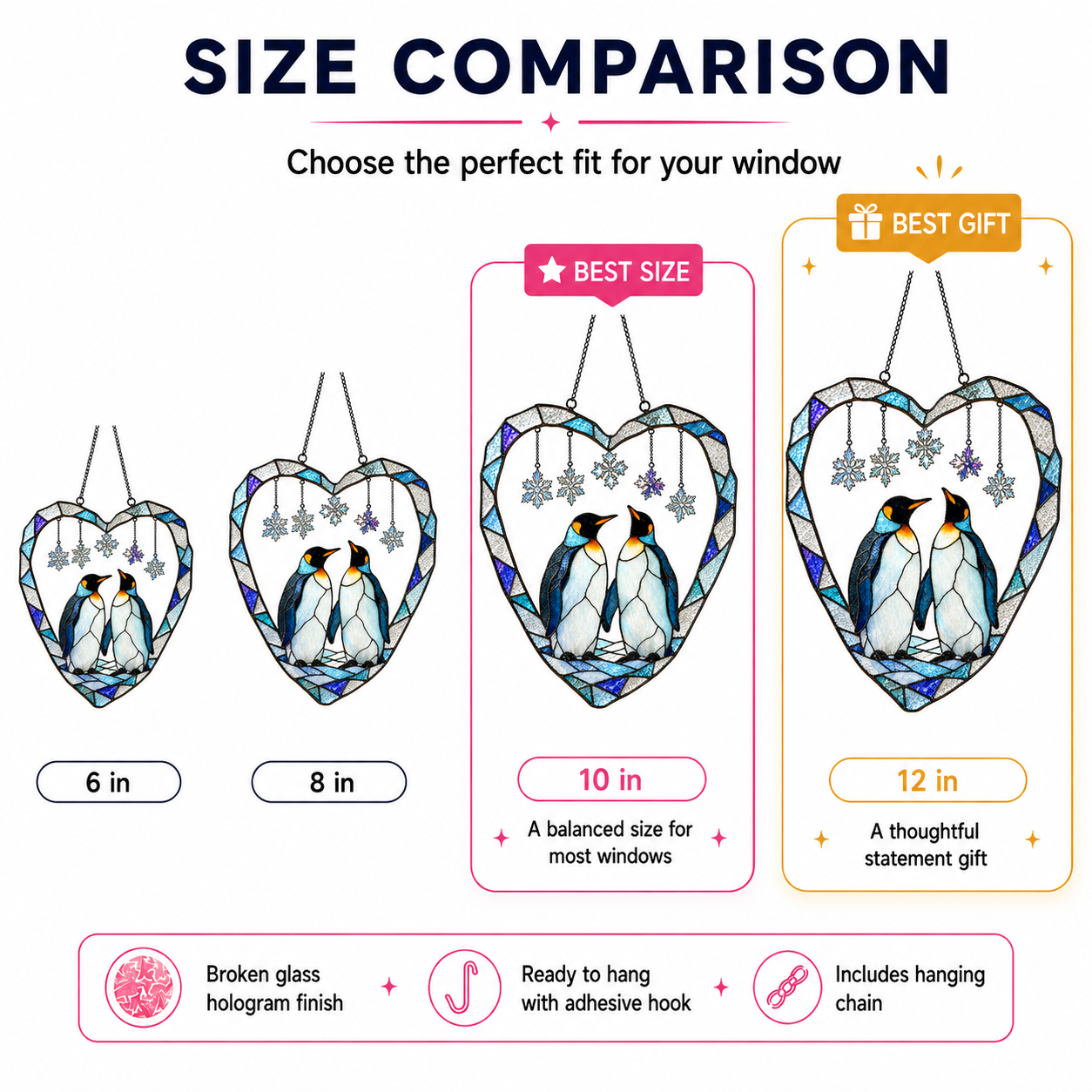 Penguin Couple Heart Snowflake Holographic Acrylic Suncatcher