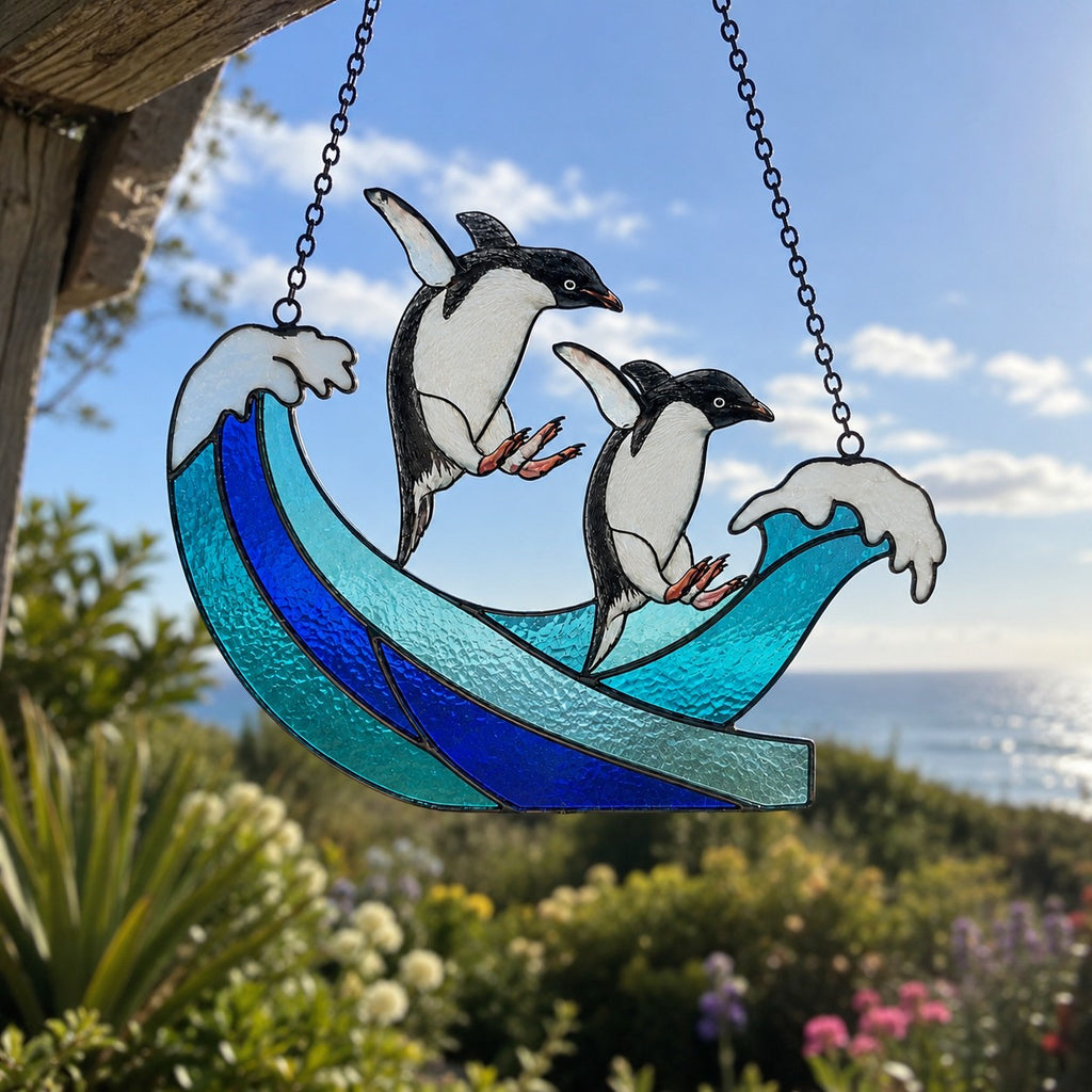 Personalized Penguin Couple Ocean Wave Holographic Acrylic Suncatcher