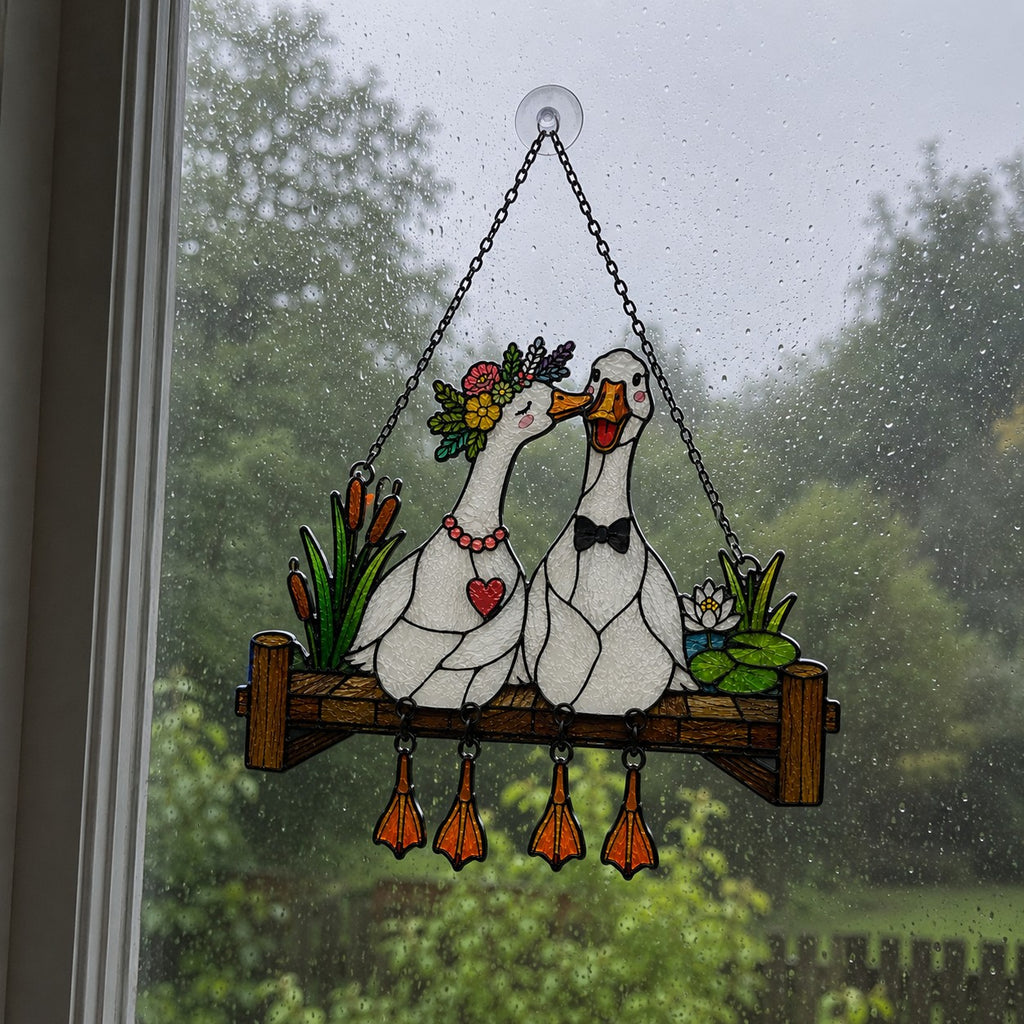 Personalized Goose Couple Wedding Fence Holographic Acrylic Suncatcher