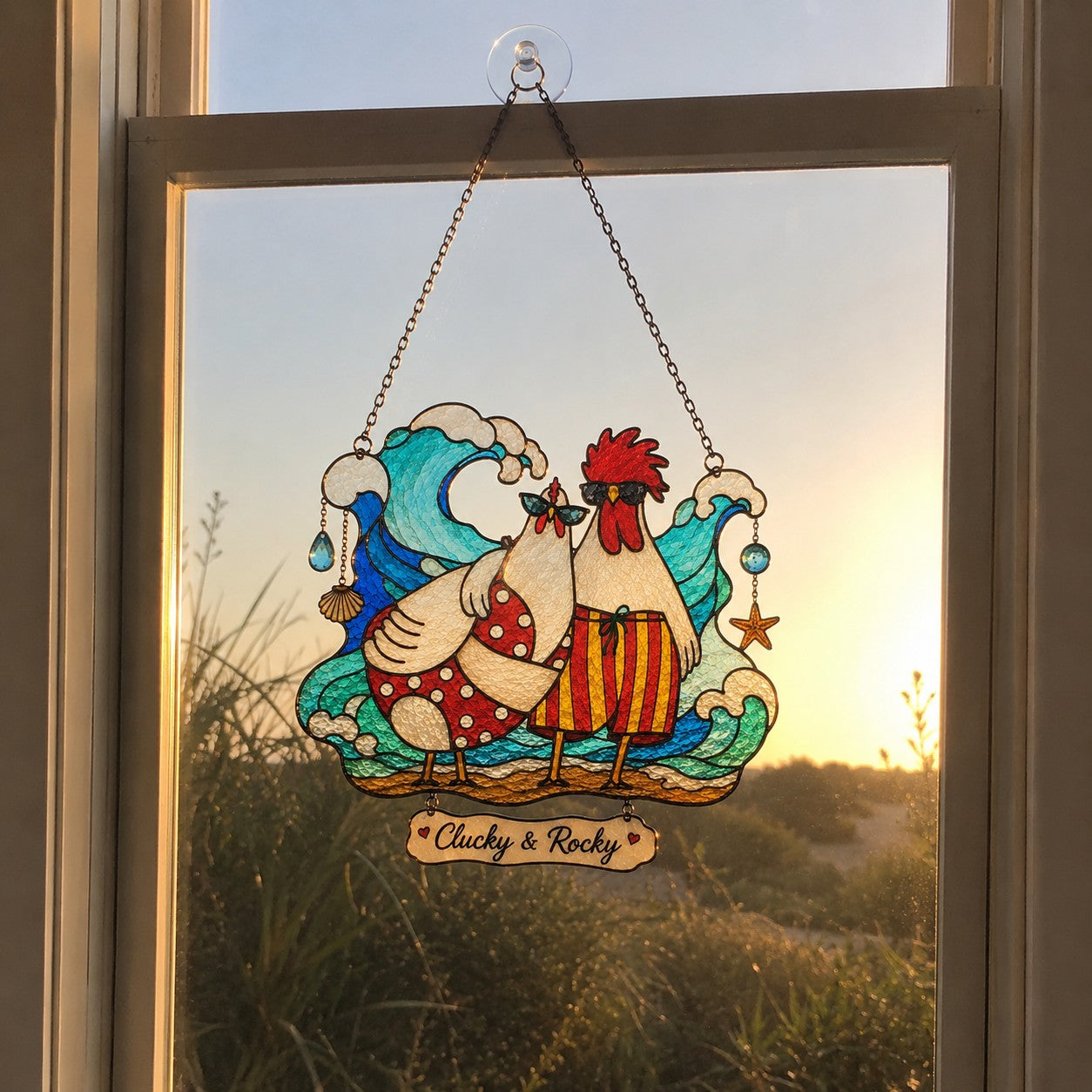 Personalized Beach Chicken Couple Holographic Acrylic Suncatcher