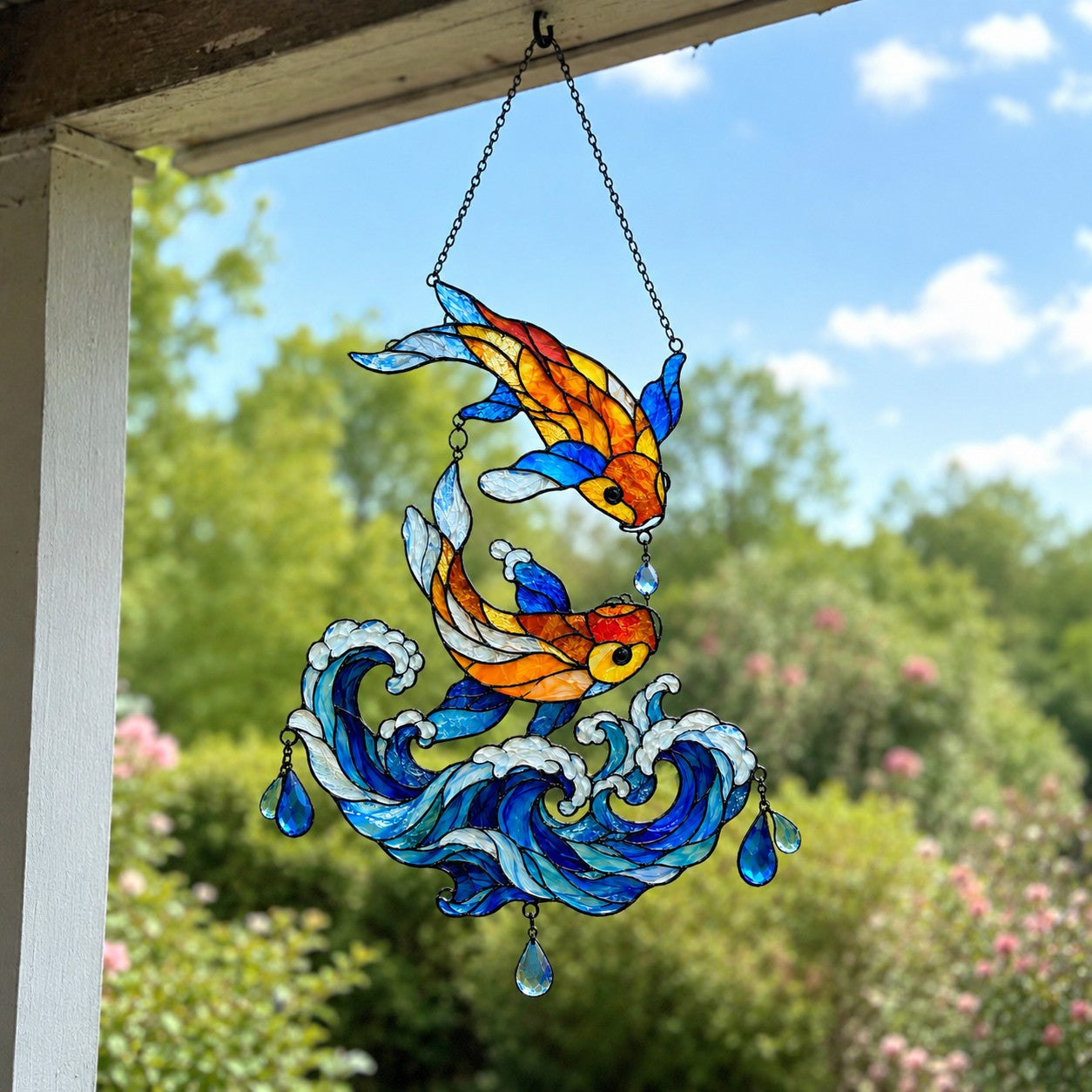 Koi Fish Couple Ocean Wave Holographic Acrylic Suncatcher