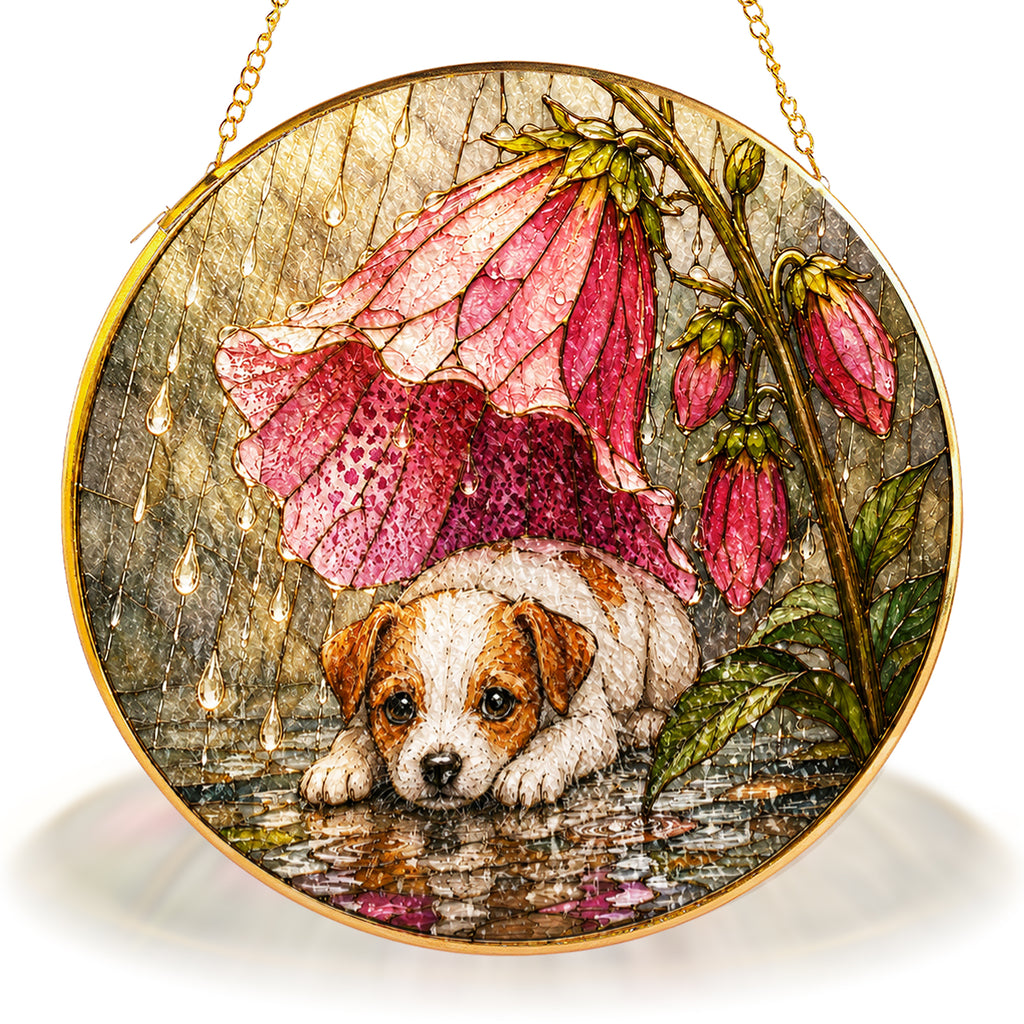 Puppy & Pink Flower Rain Suncatcher