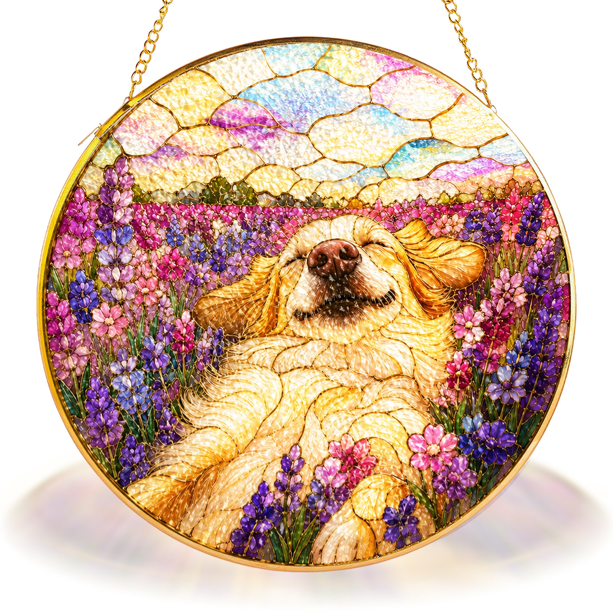 Golden Pup in Lavender Field Suncatcher