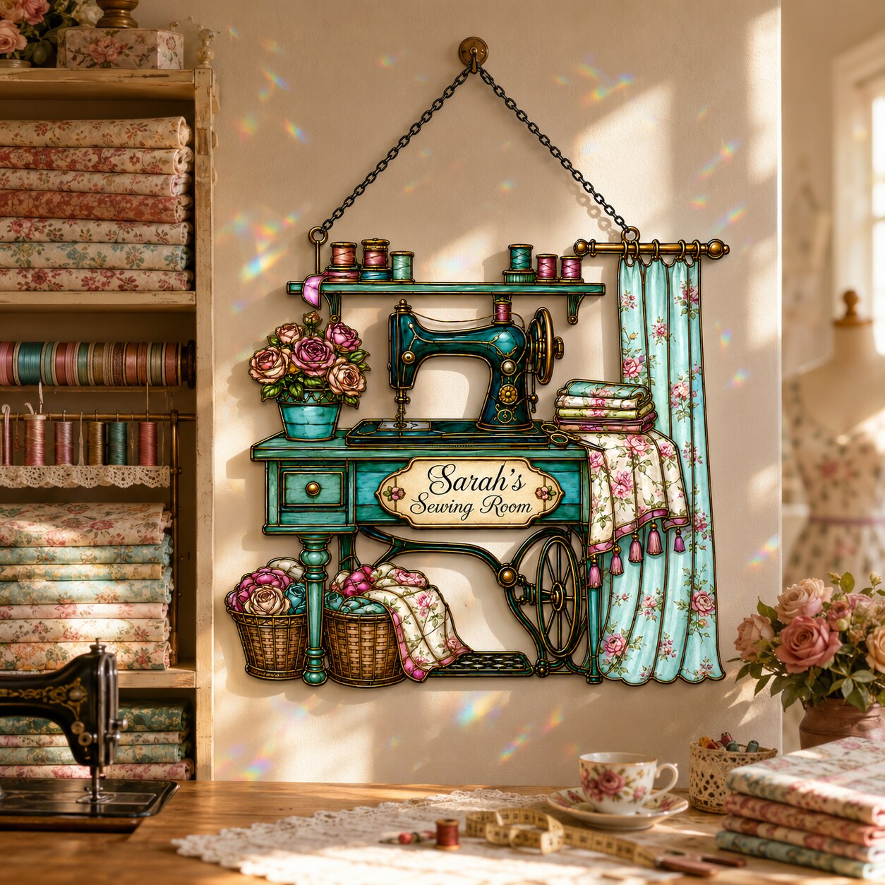 Personalized Vintage Sewing Machine Holographic Acrylic Suncatcher