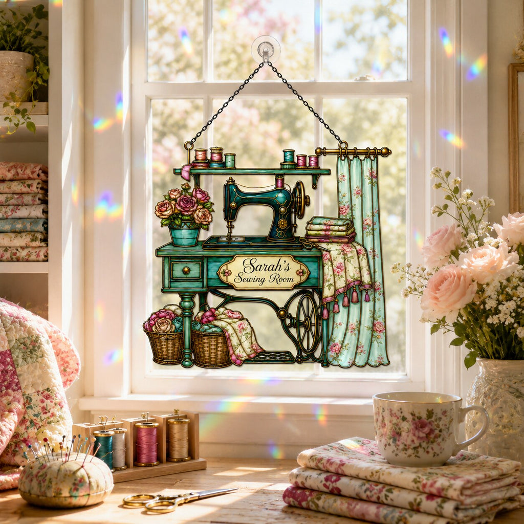 Personalized Vintage Sewing Machine Holographic Acrylic Suncatcher