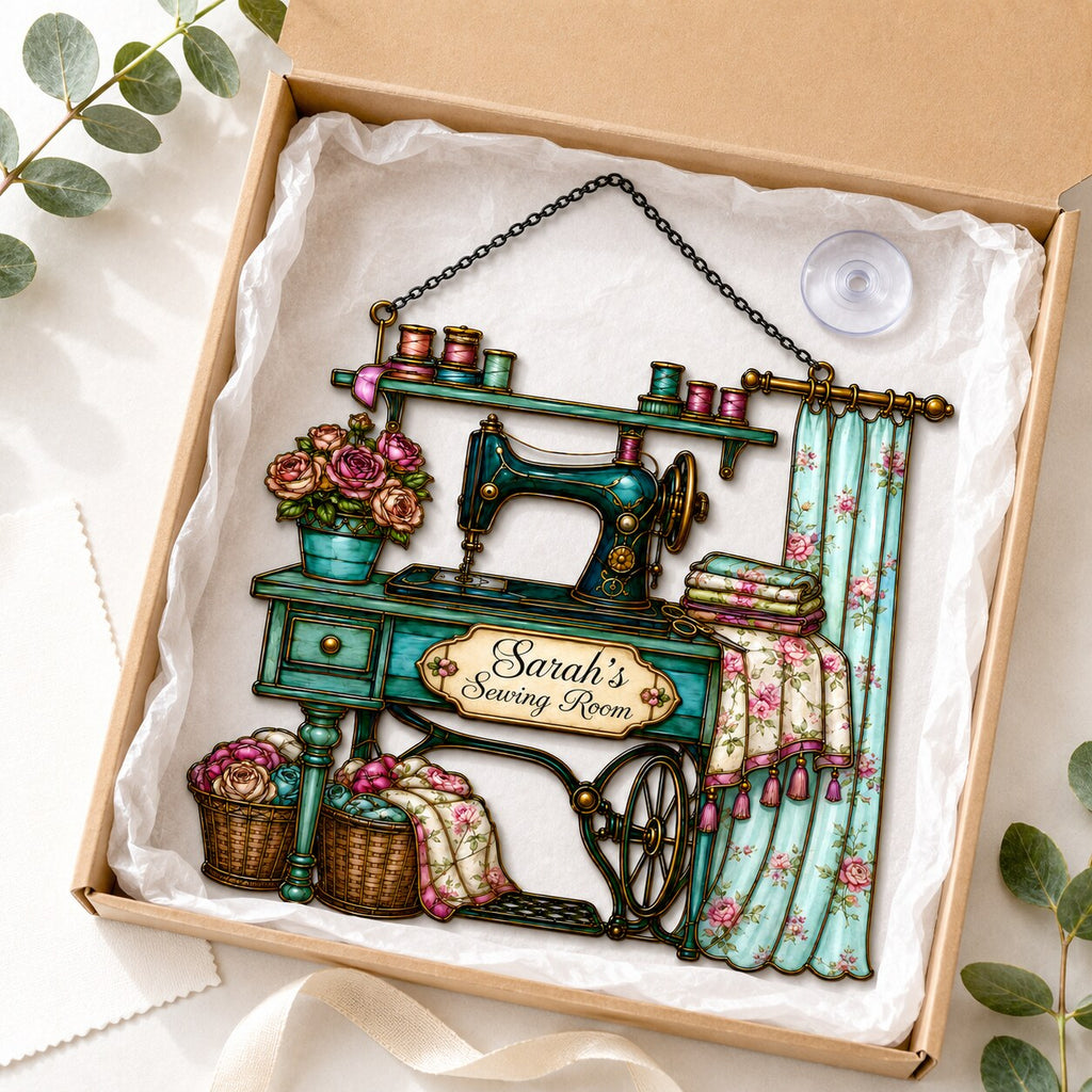 Personalized Vintage Sewing Machine Holographic Acrylic Suncatcher