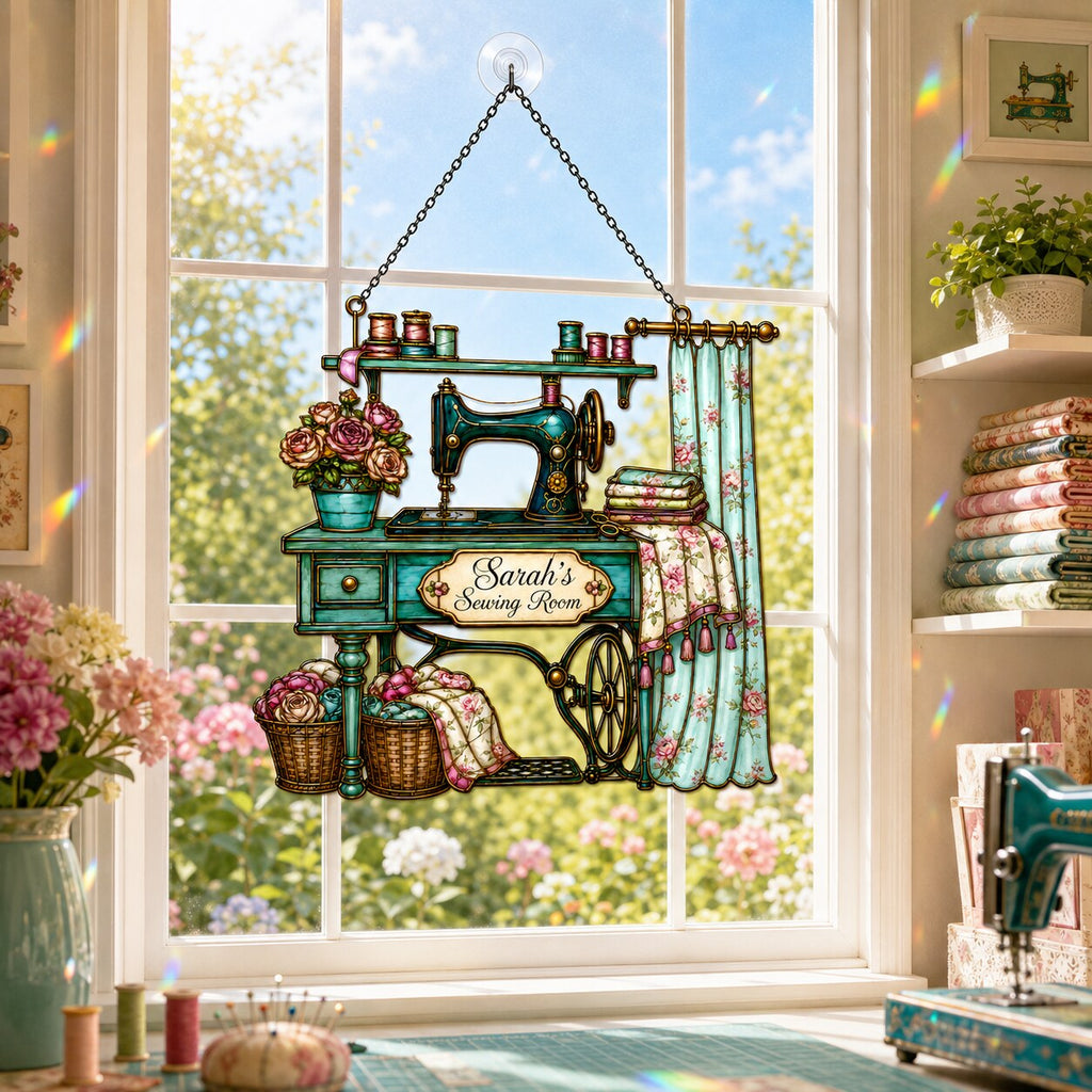 Personalized Vintage Sewing Machine Holographic Acrylic Suncatcher