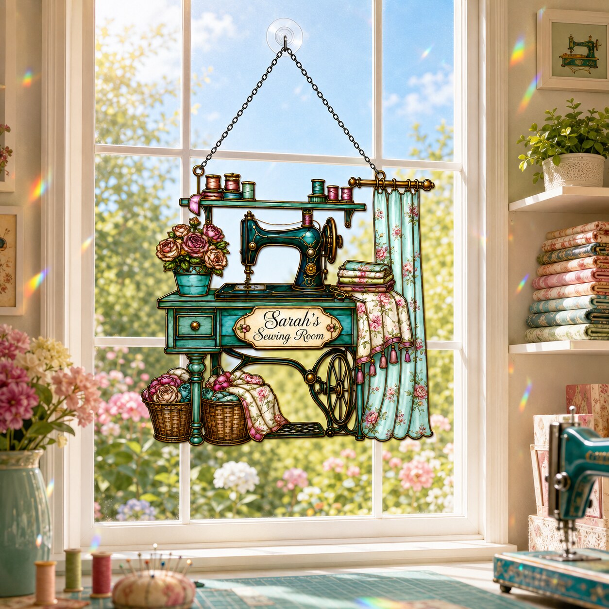 Personalized Vintage Sewing Machine Holographic Acrylic Suncatcher