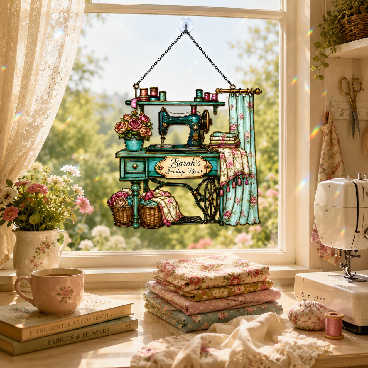 Personalized Vintage Sewing Machine Holographic Acrylic Suncatcher