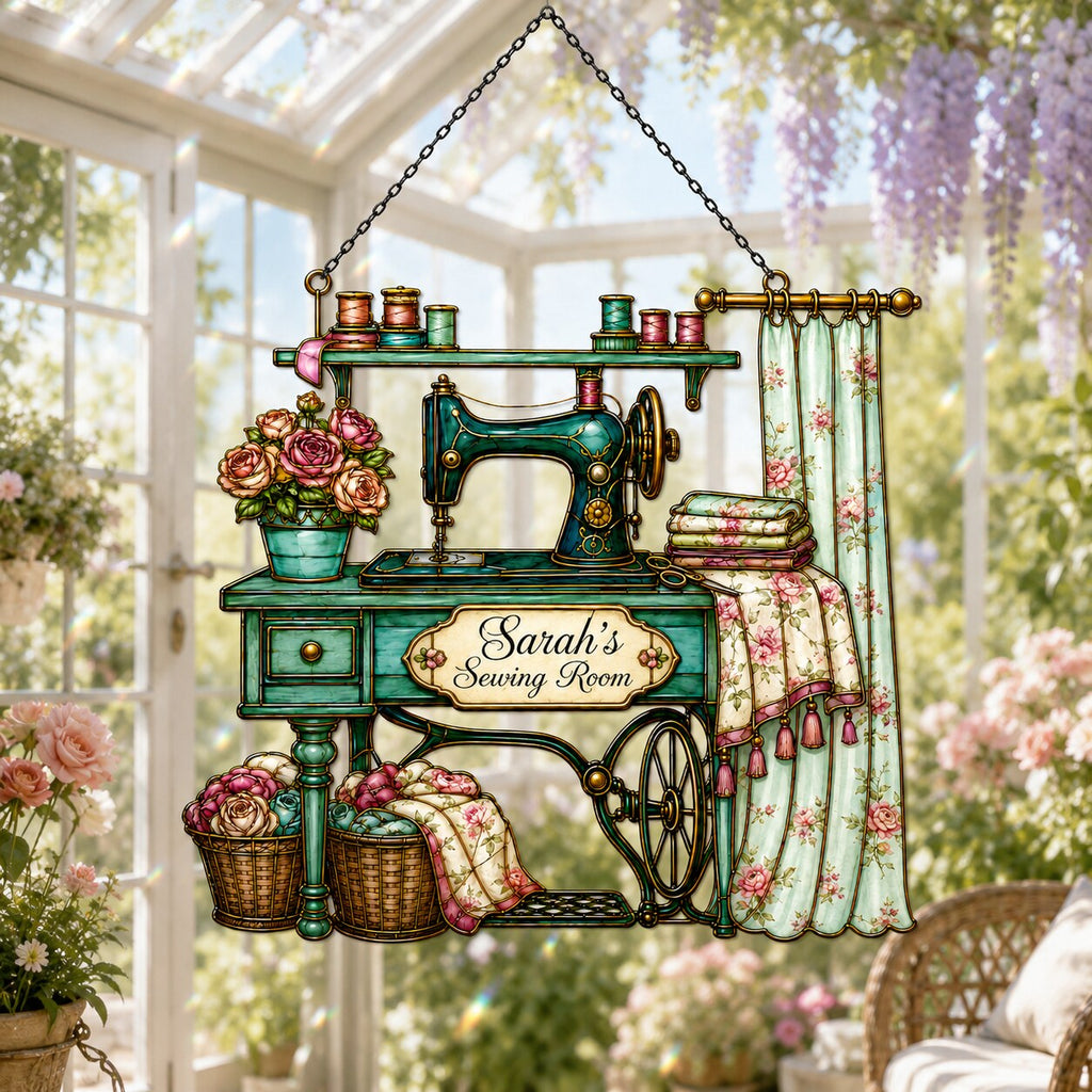 Personalized Vintage Sewing Machine Holographic Acrylic Suncatcher