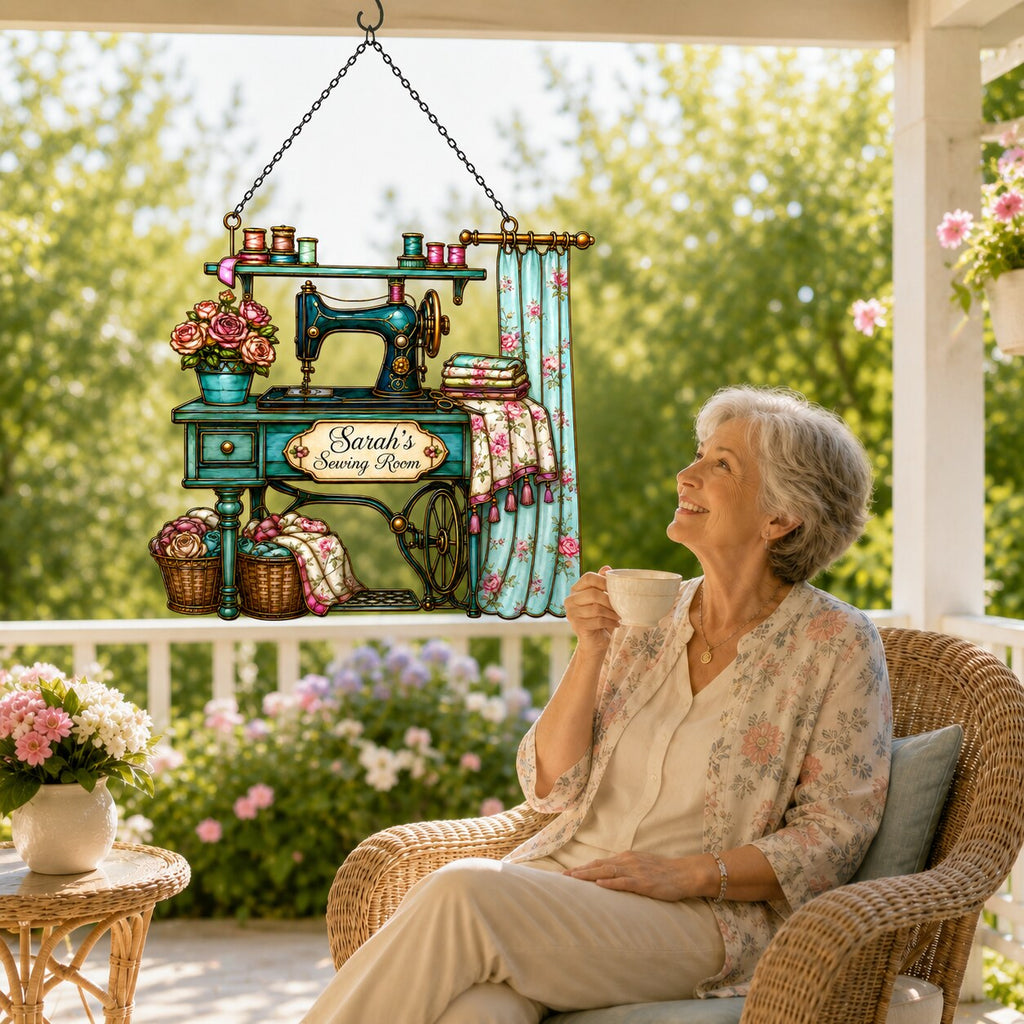 Personalized Vintage Sewing Machine Holographic Acrylic Suncatcher