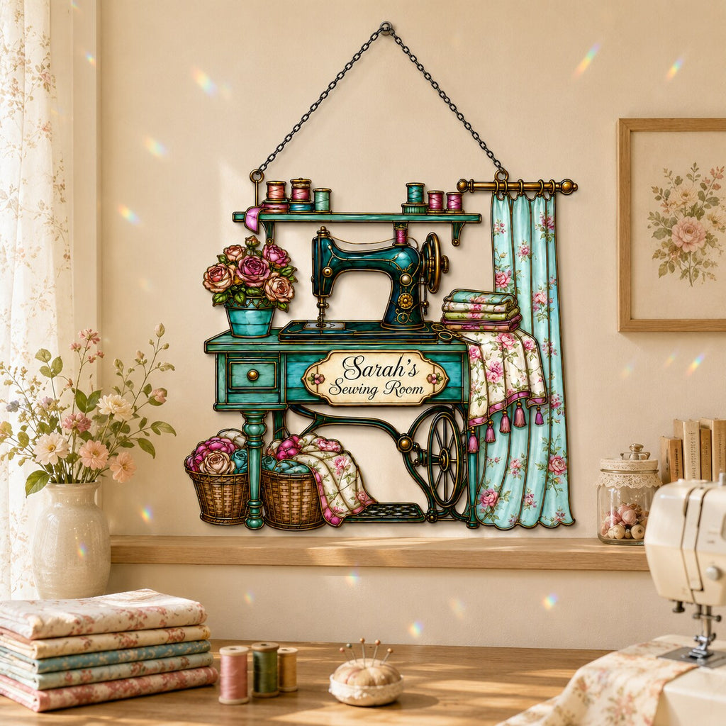 Personalized Vintage Sewing Machine Holographic Acrylic Suncatcher