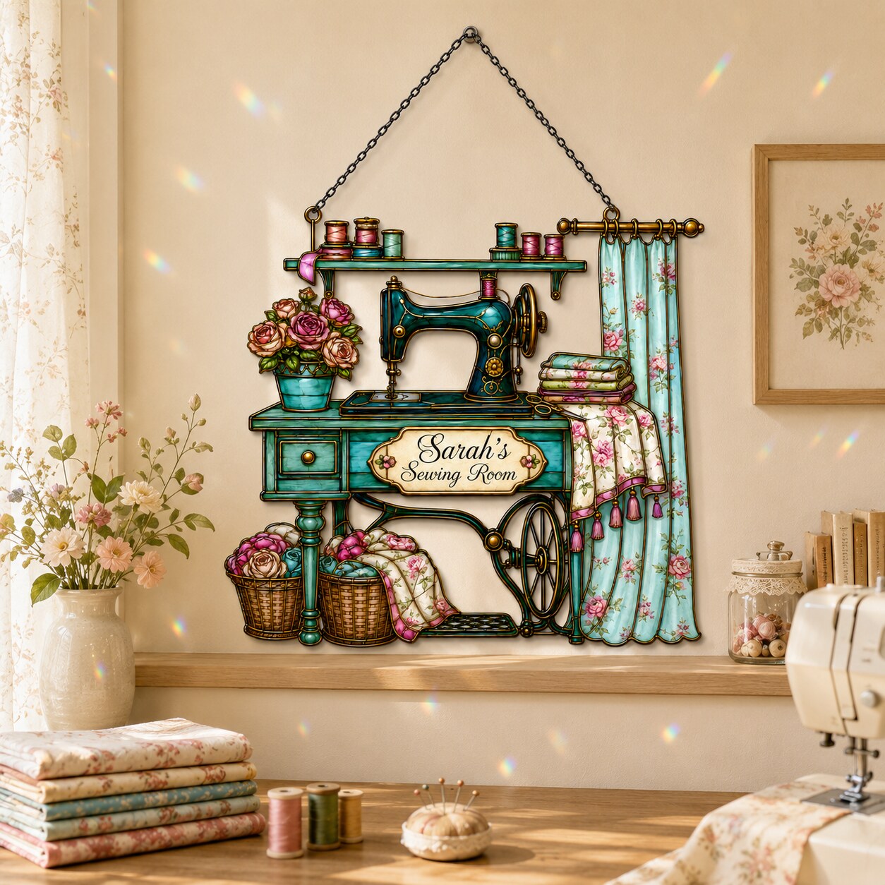 Personalized Vintage Sewing Machine Holographic Acrylic Suncatcher