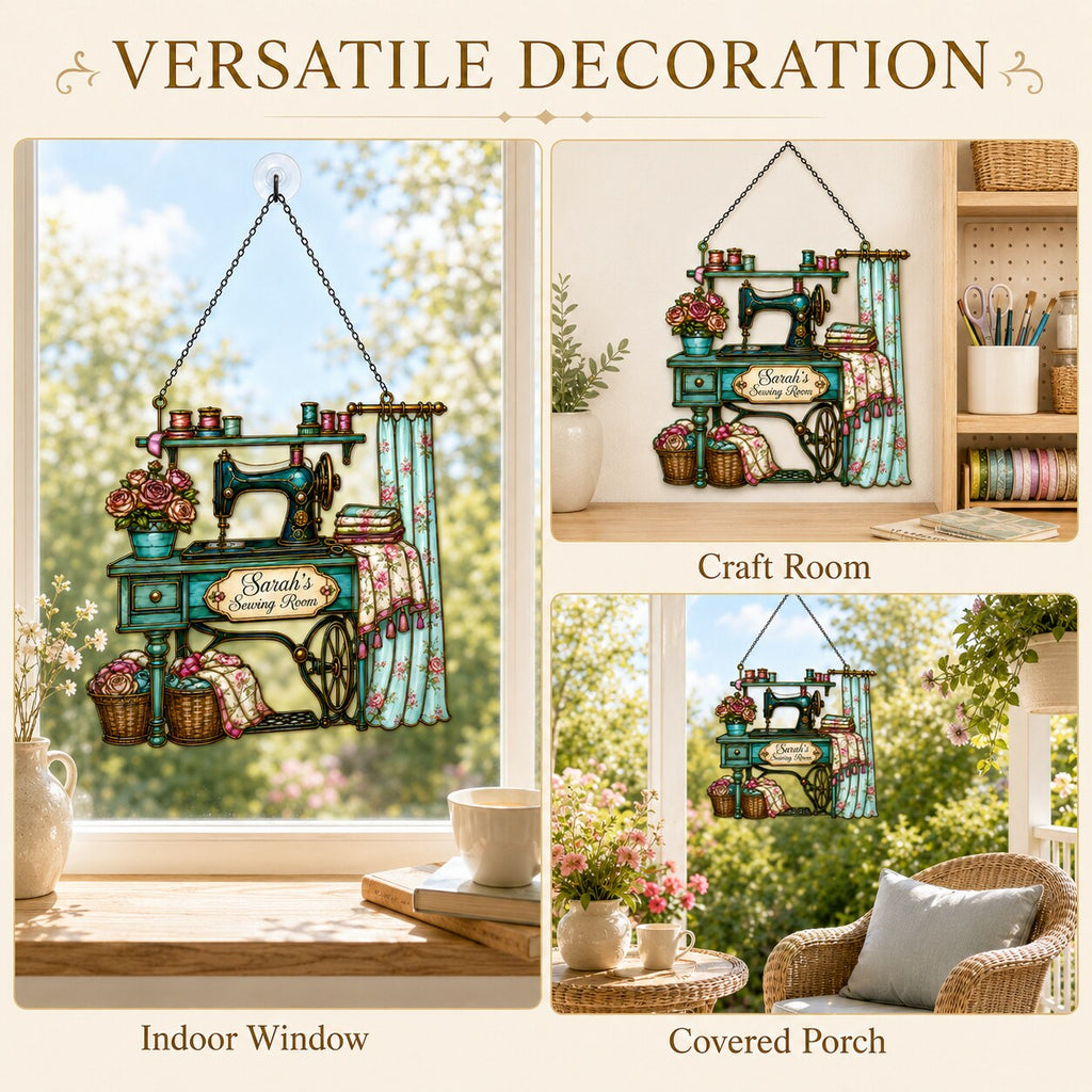 Personalized Vintage Sewing Machine Holographic Acrylic Suncatcher