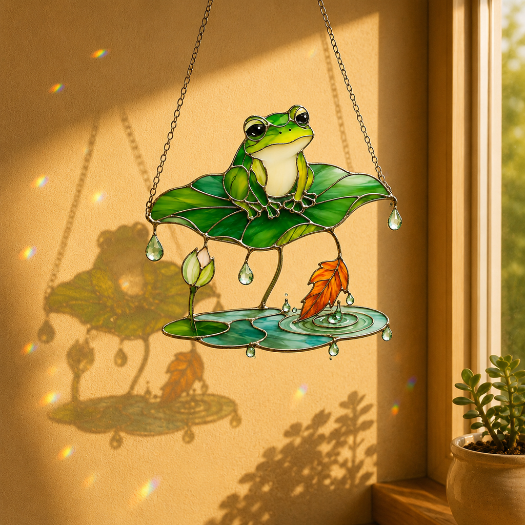 Frog Under Lotus Leaf Umbrella Holographic Acrylic Suncatcher