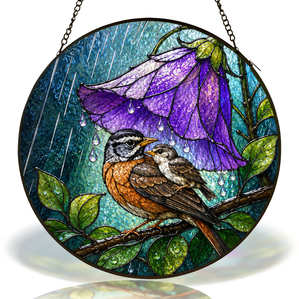 Bird & Purple Bellflower Umbrella Stained Glass Suncatcher