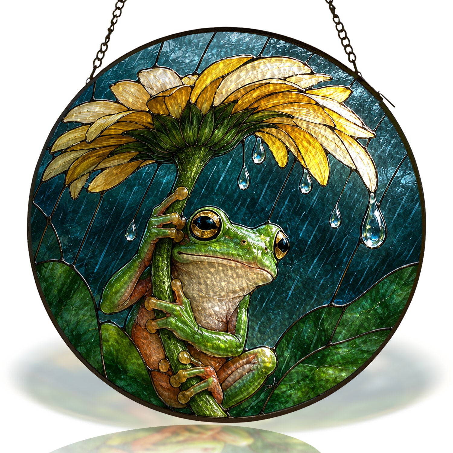 Frog with Sunflower Umbrella Stained Glass Suncatcher