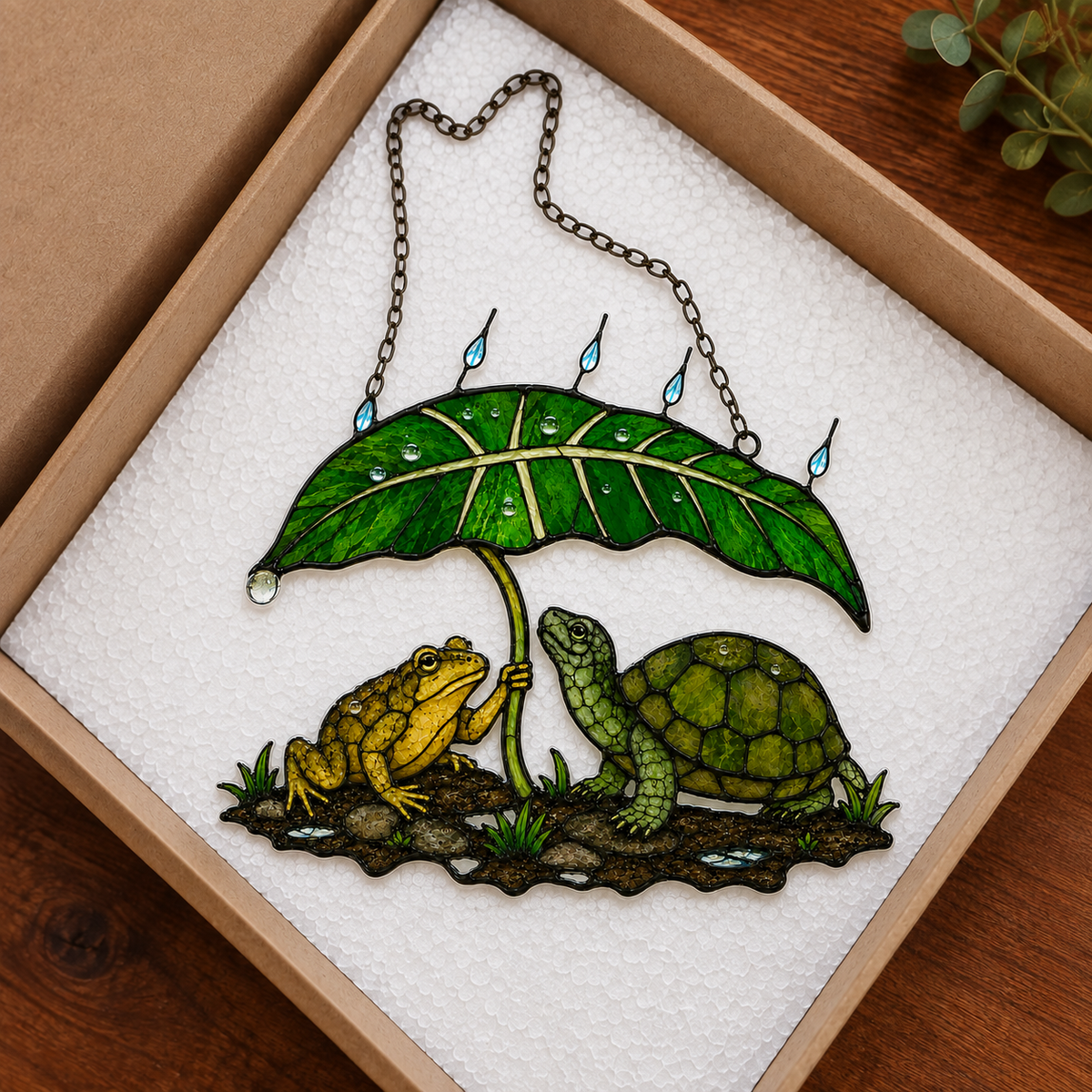 Frog Couple Under a Leaf Umbrella by the Pond Holographic Acrylic Suncatcher