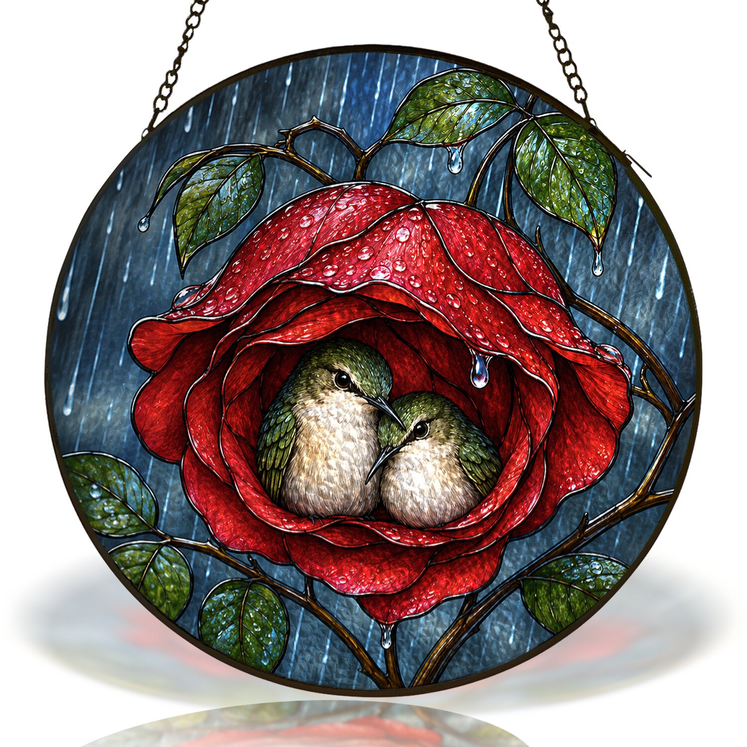 Lovebirds in a Rose Stained Glass Suncatcher