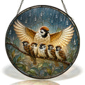 Mother Sparrow Sheltering Chicks Stained Glass Suncatcher