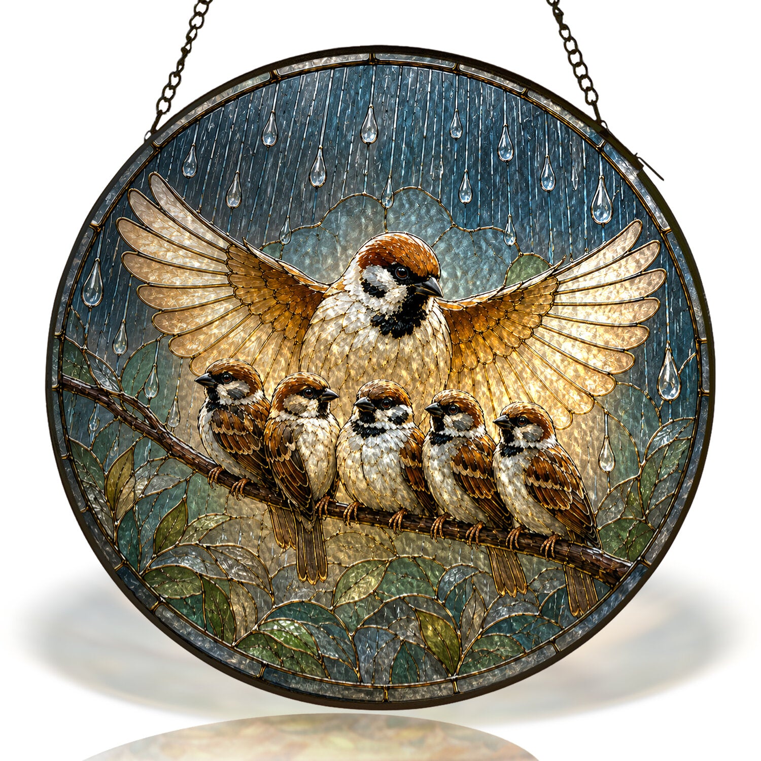 Mother Sparrow Sheltering Chicks Stained Glass Suncatcher