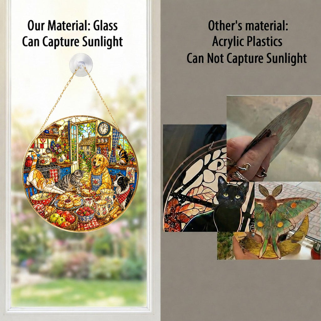 Cats and dogs cottage stained glass suncatcher