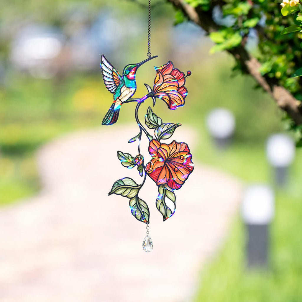 Hummingbird Blooming Vine Holographic Acrylic Suncatcher with Charm