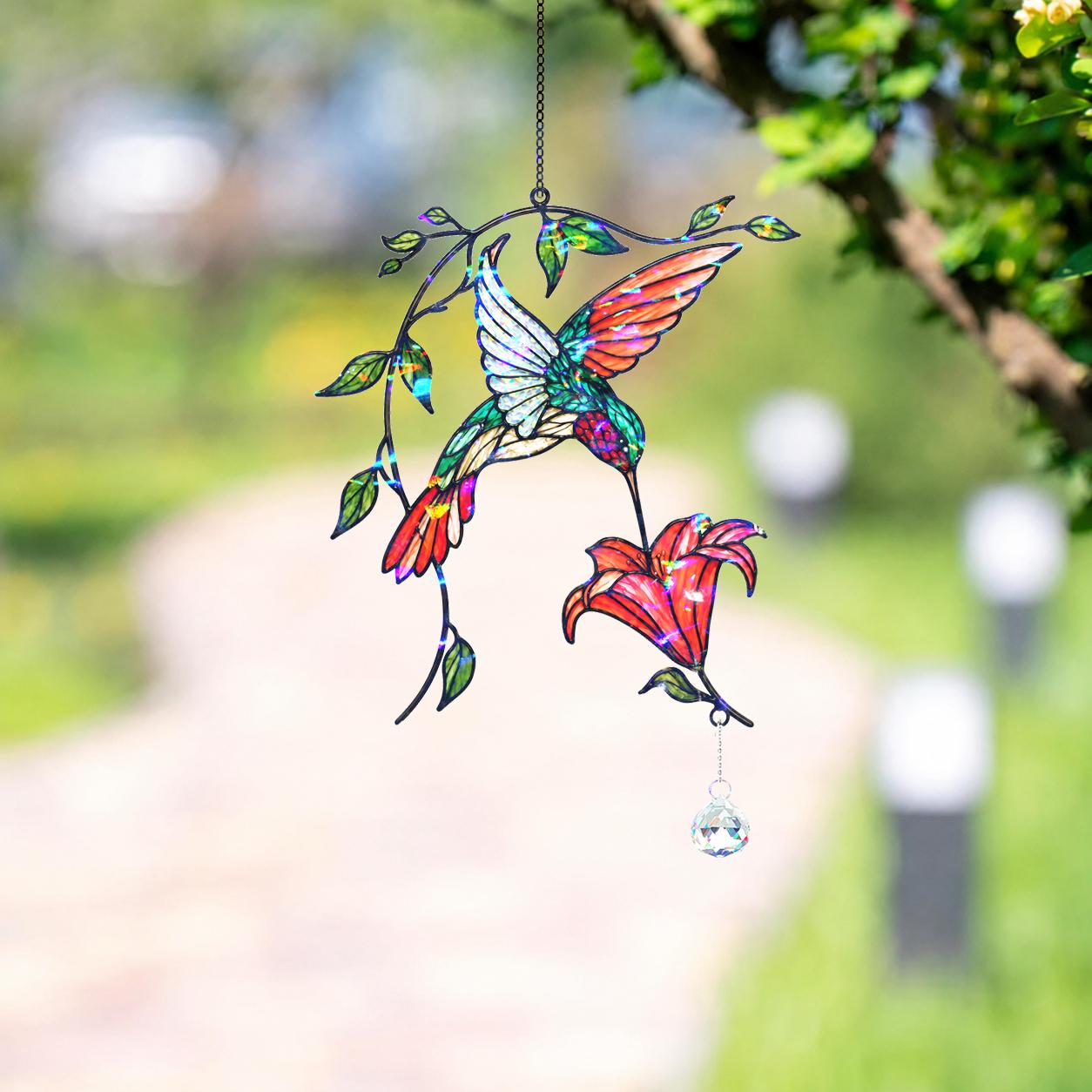 Hummingbird Blooming Vine Holographic Acrylic Suncatcher with Charm