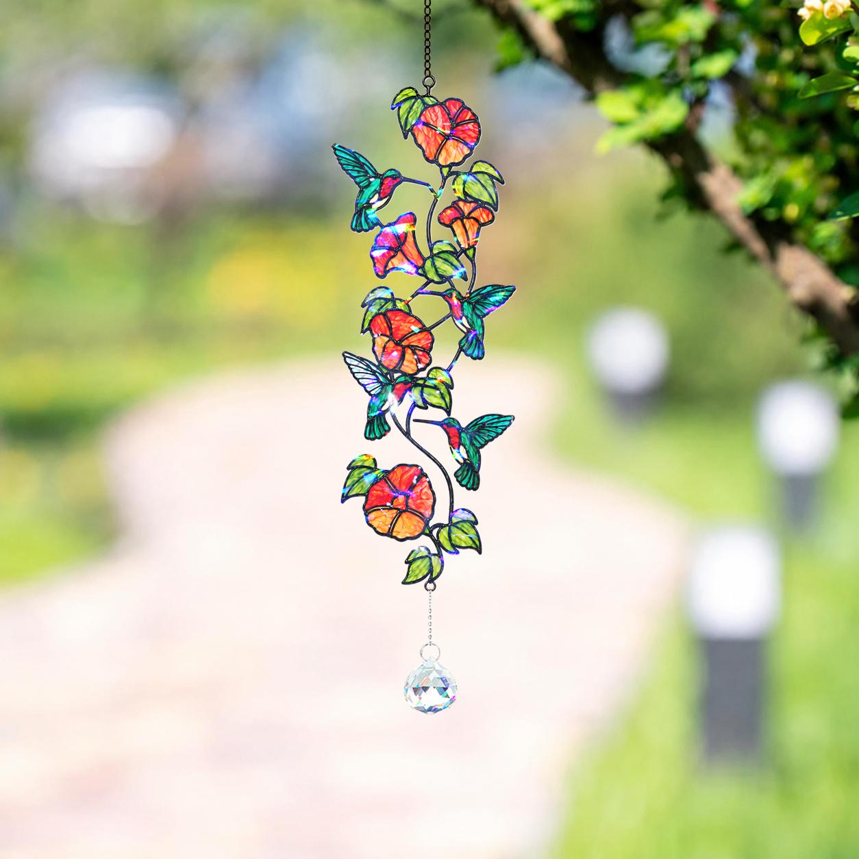Hummingbird Blooming Vine Holographic Acrylic Suncatcher with Charm