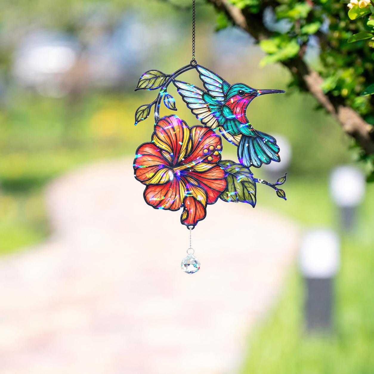 Hummingbird Blooming Vine Holographic Acrylic Suncatcher with Charm