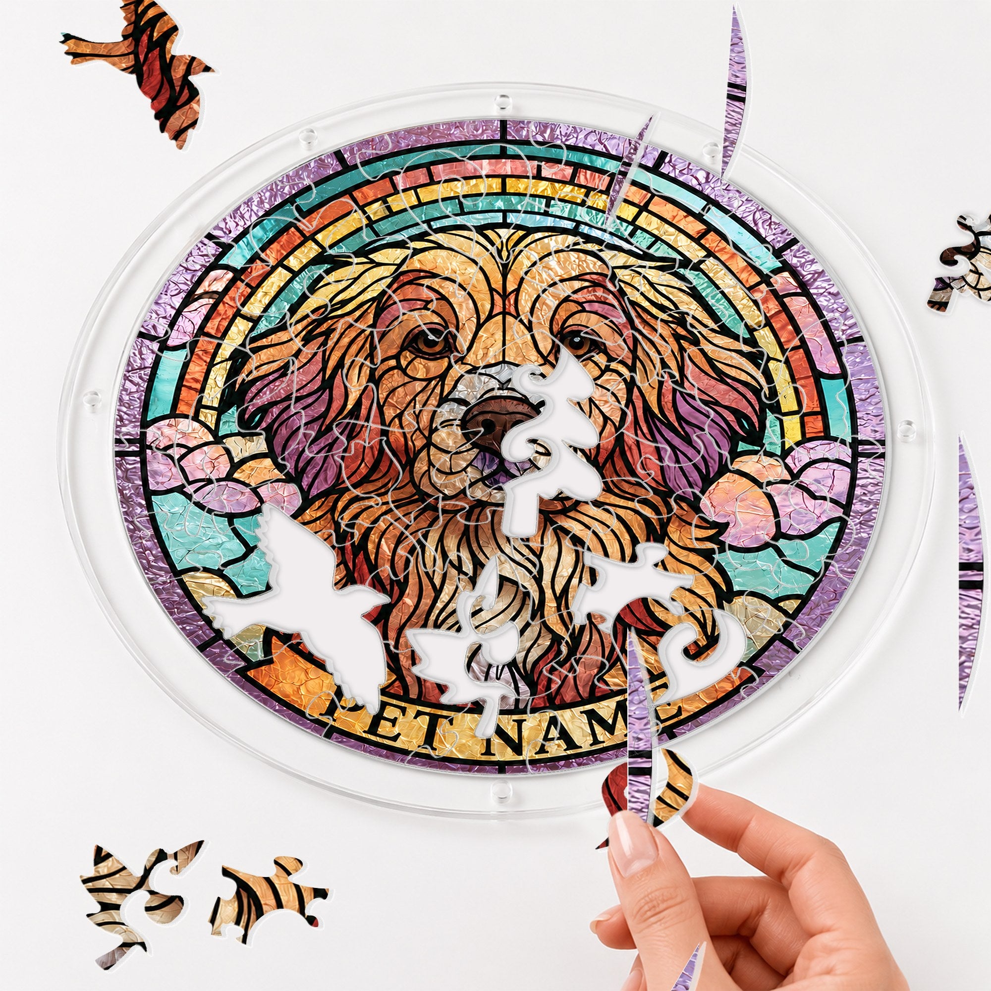 Assembling the dog memorial acrylic puzzle suncatcher pieces