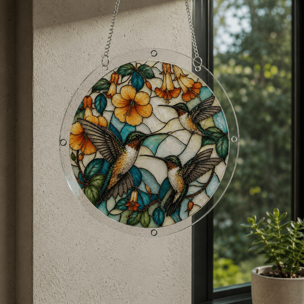 Three Hummingbirds Yellow Flower Acrylic Jigsaw Puzzle Suncatcher