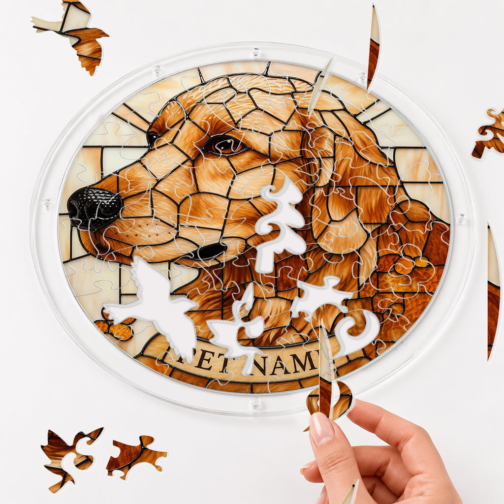 Hands assembling the dog memorial acrylic puzzle suncatcher pieces