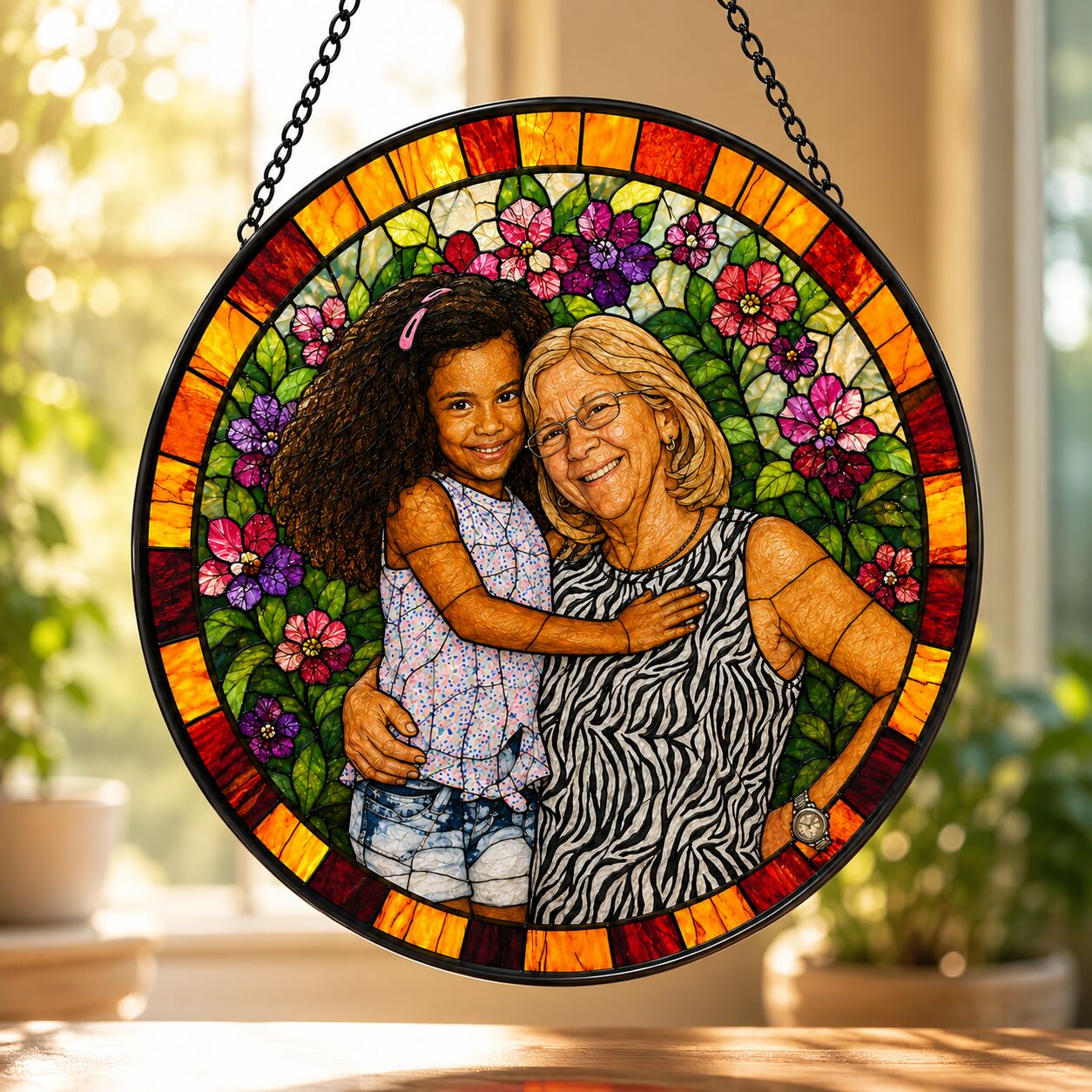 Personalized Floral Mosaic Photo Stained Glass Suncatcher