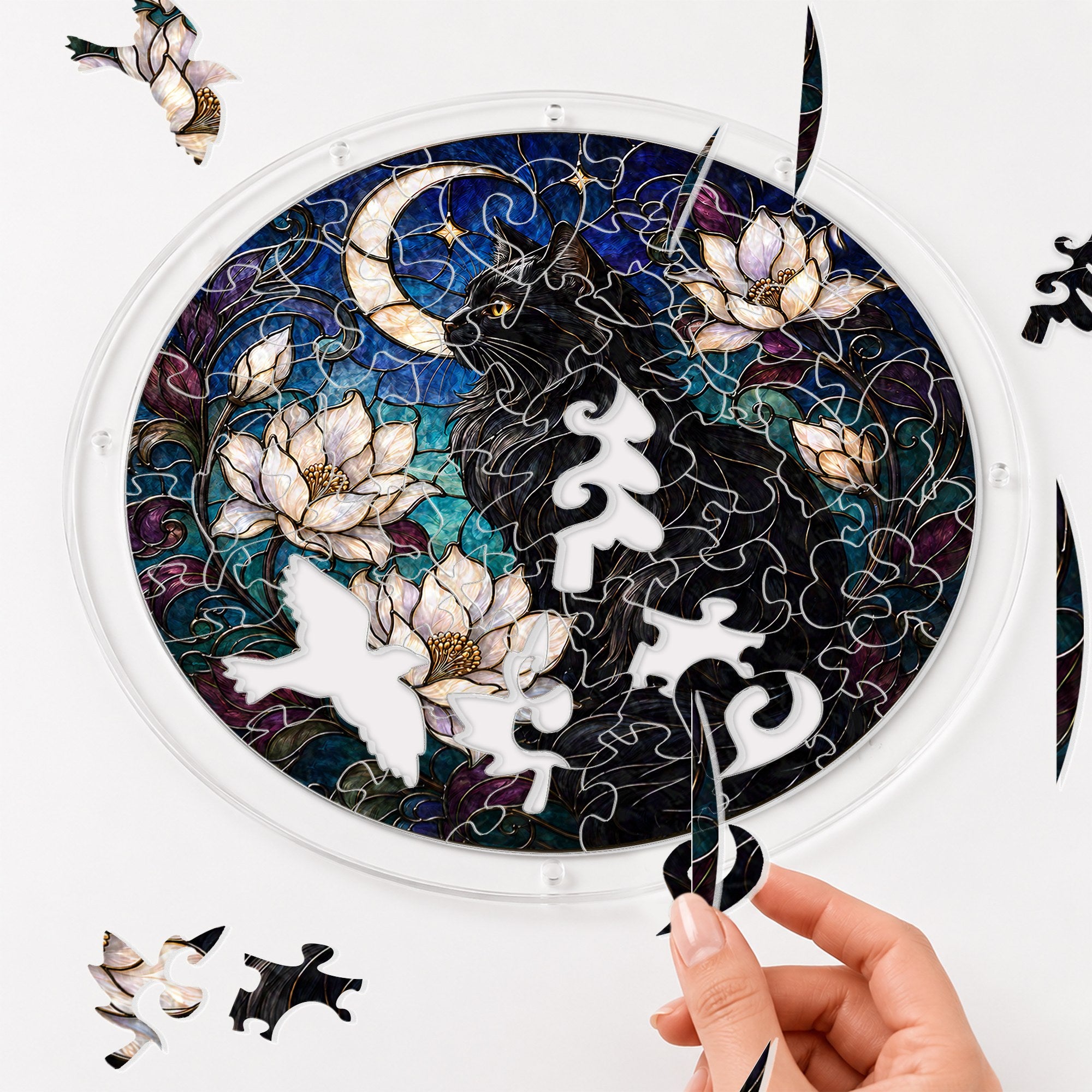 Assembling the black cat memorial acrylic puzzle suncatcher pieces