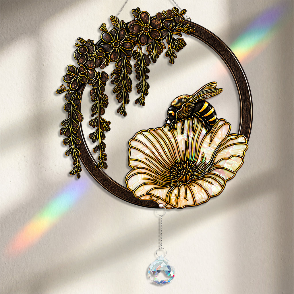 Bee Stained Glass Suncatcher with Flower and Crystal