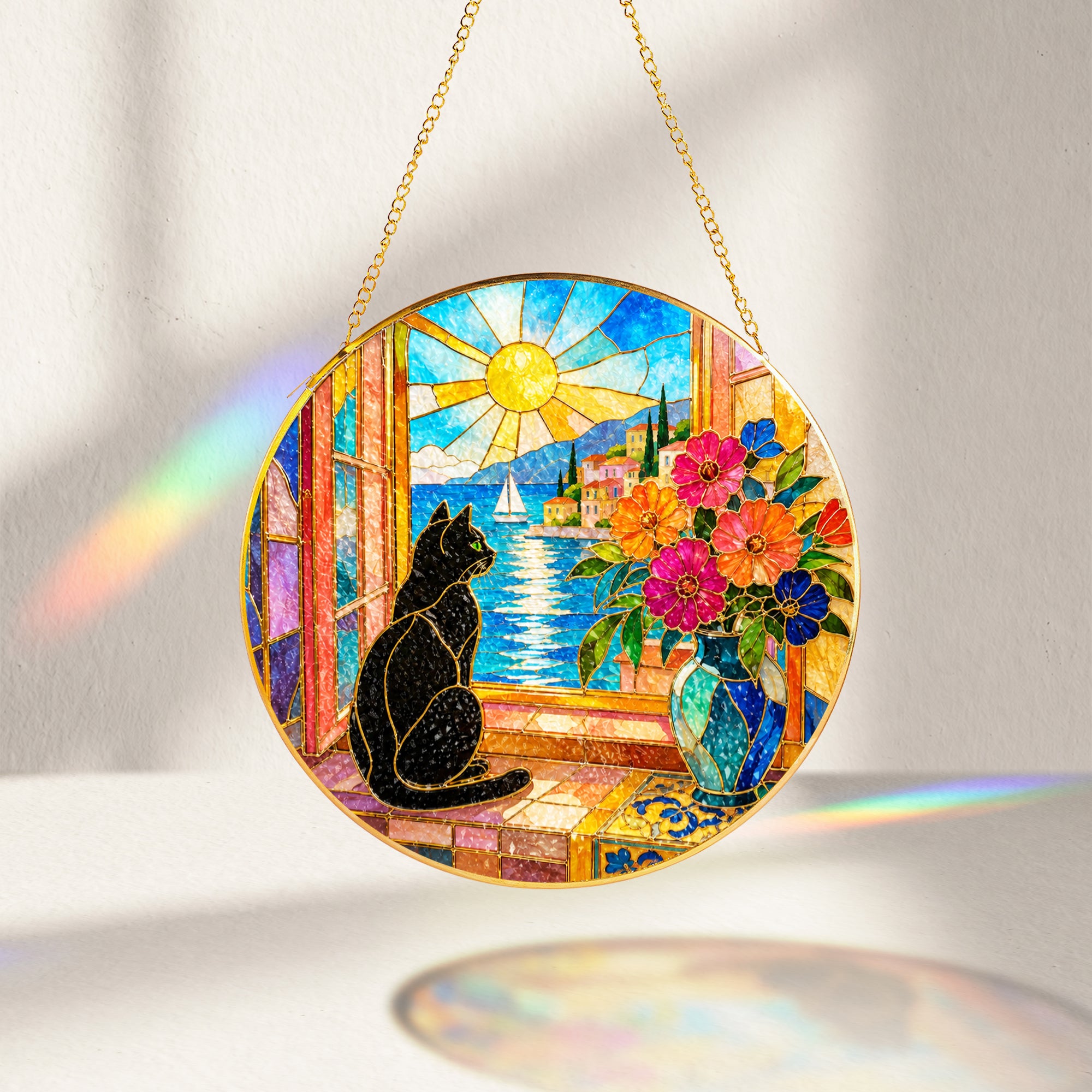 Black Cat & Seaside Window Stained Glass Suncatcher