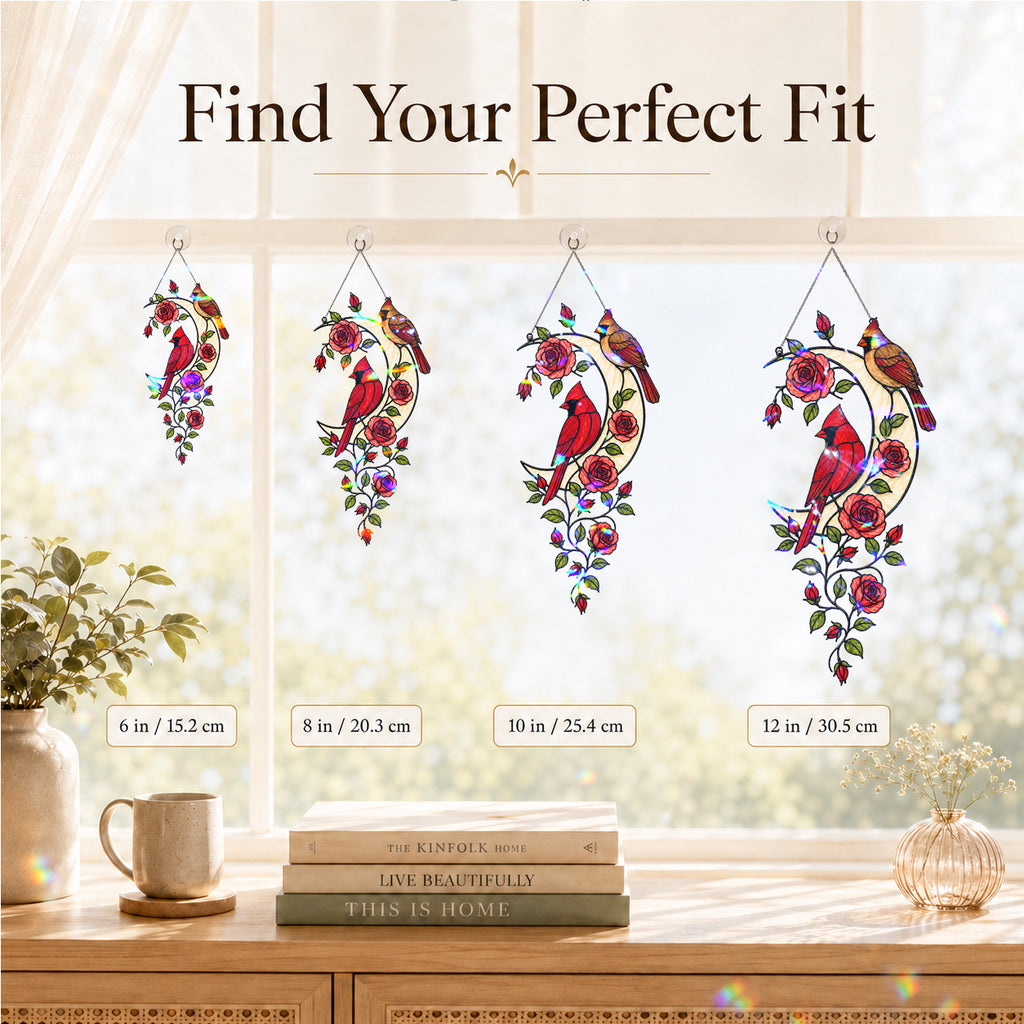 Cardinal Pair & Roses Crescent Moon Holographic Acrylic Suncatcher