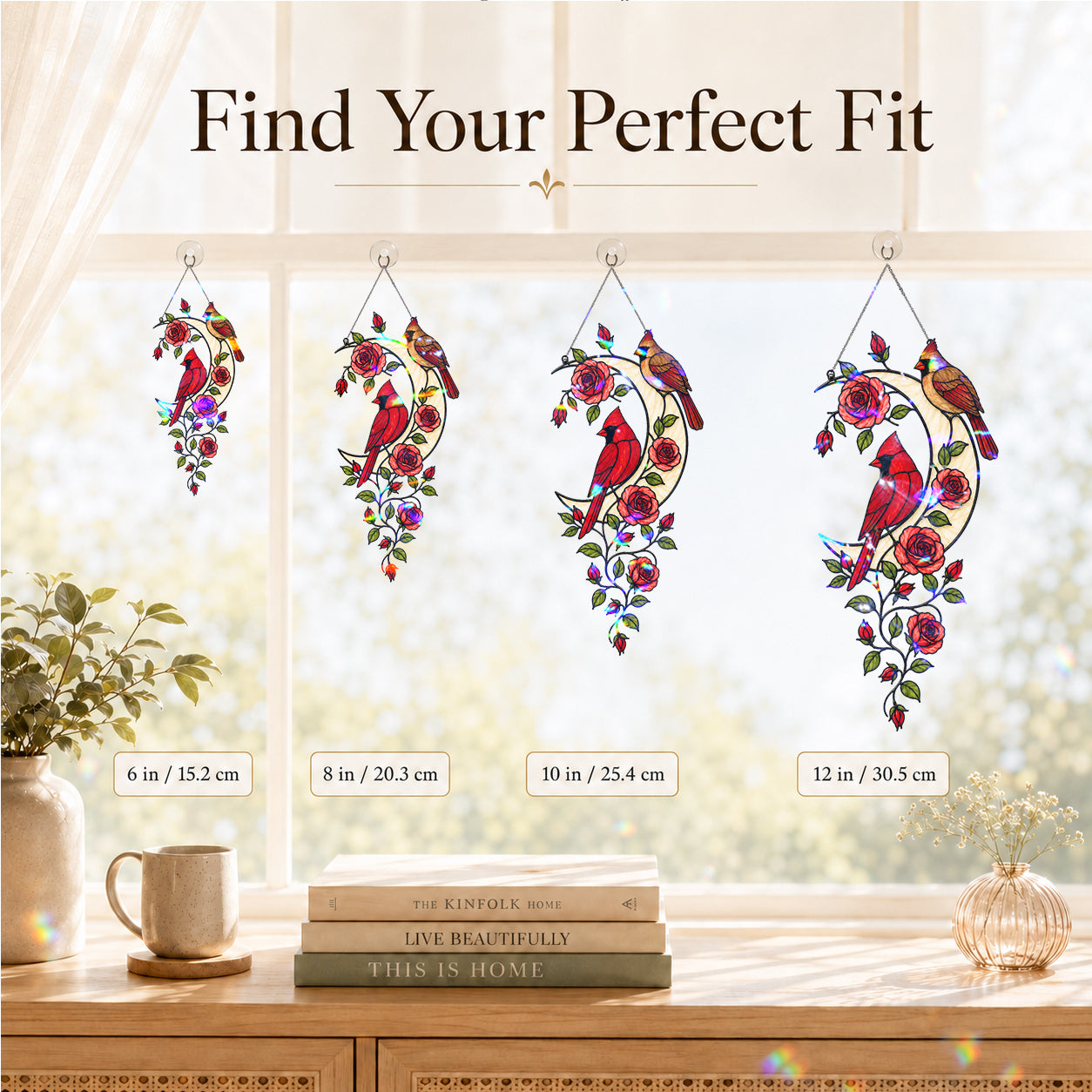 Cardinal Pair & Roses Crescent Moon Holographic Acrylic Suncatcher